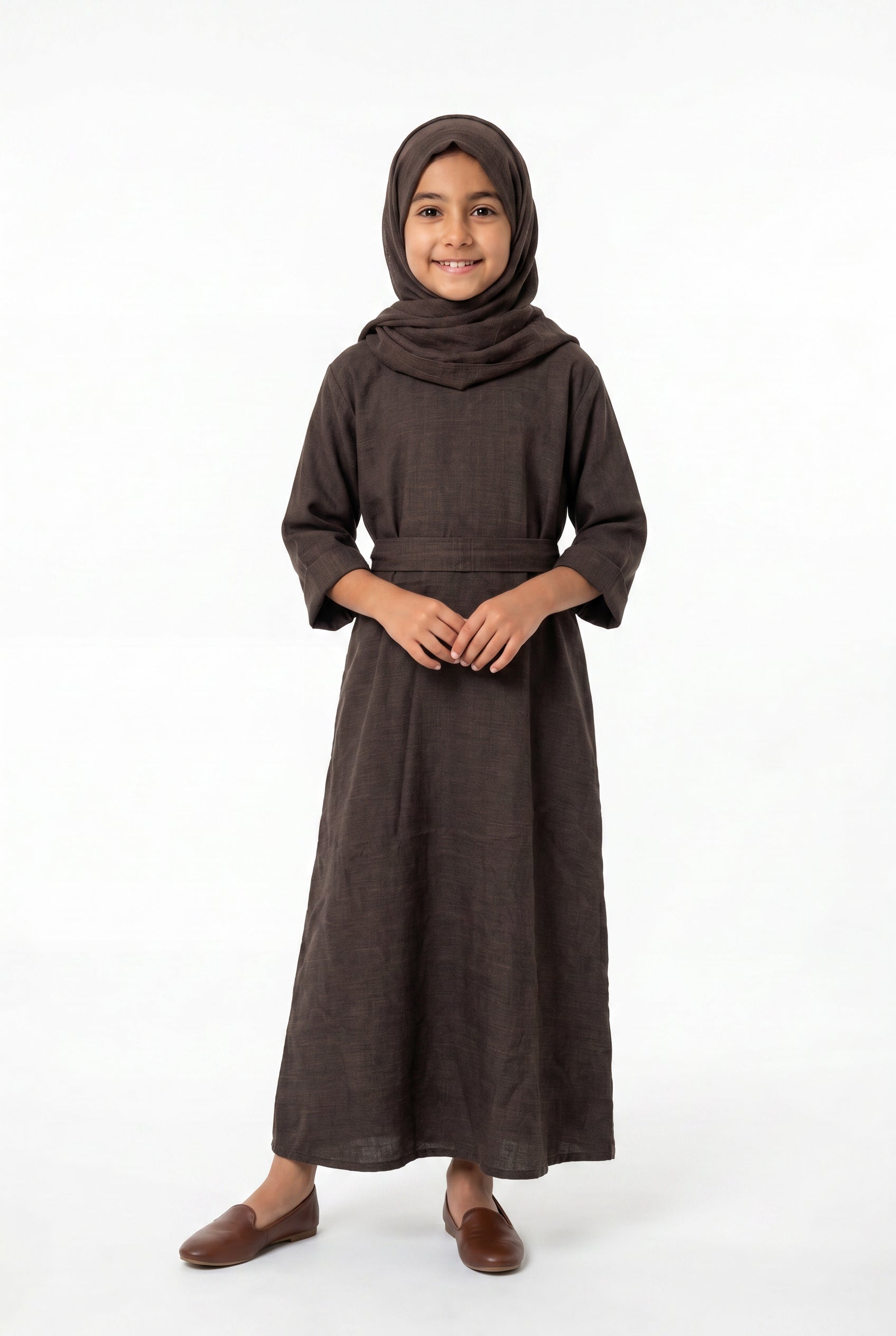 Girls Aaliyah Linen Abaya Chocolate Brown 559k Col 10