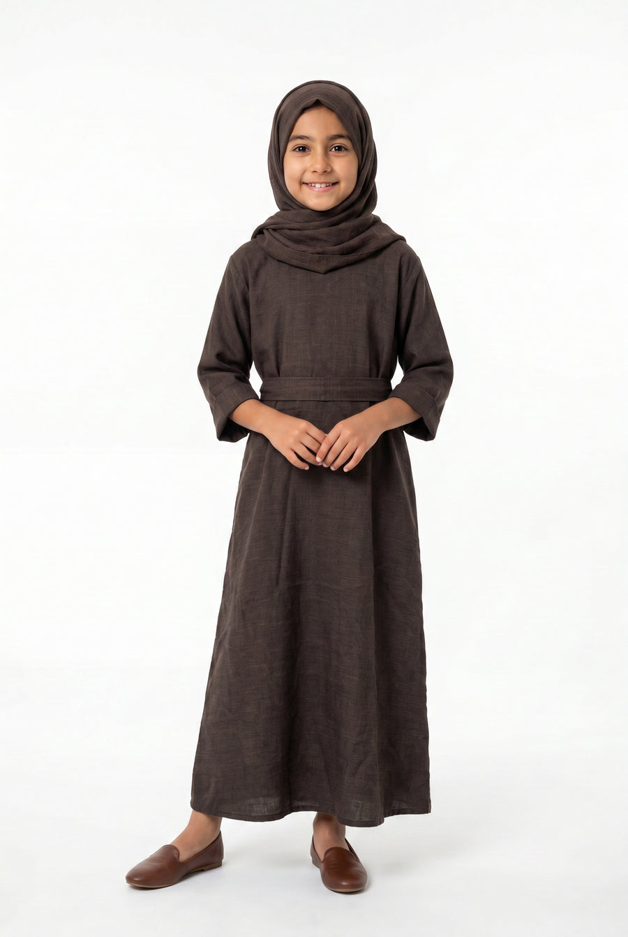 Girls Aaliyah Linen Abaya Chocolate Brown 559k Col 10