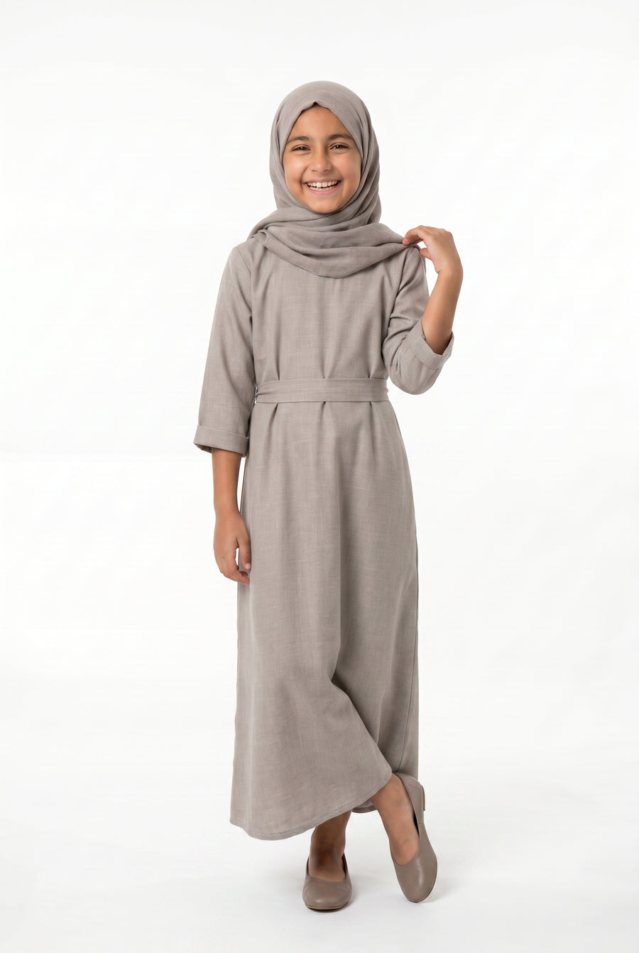 Girls Aailyah Linen Abaya Stone Grey 559k Col 11