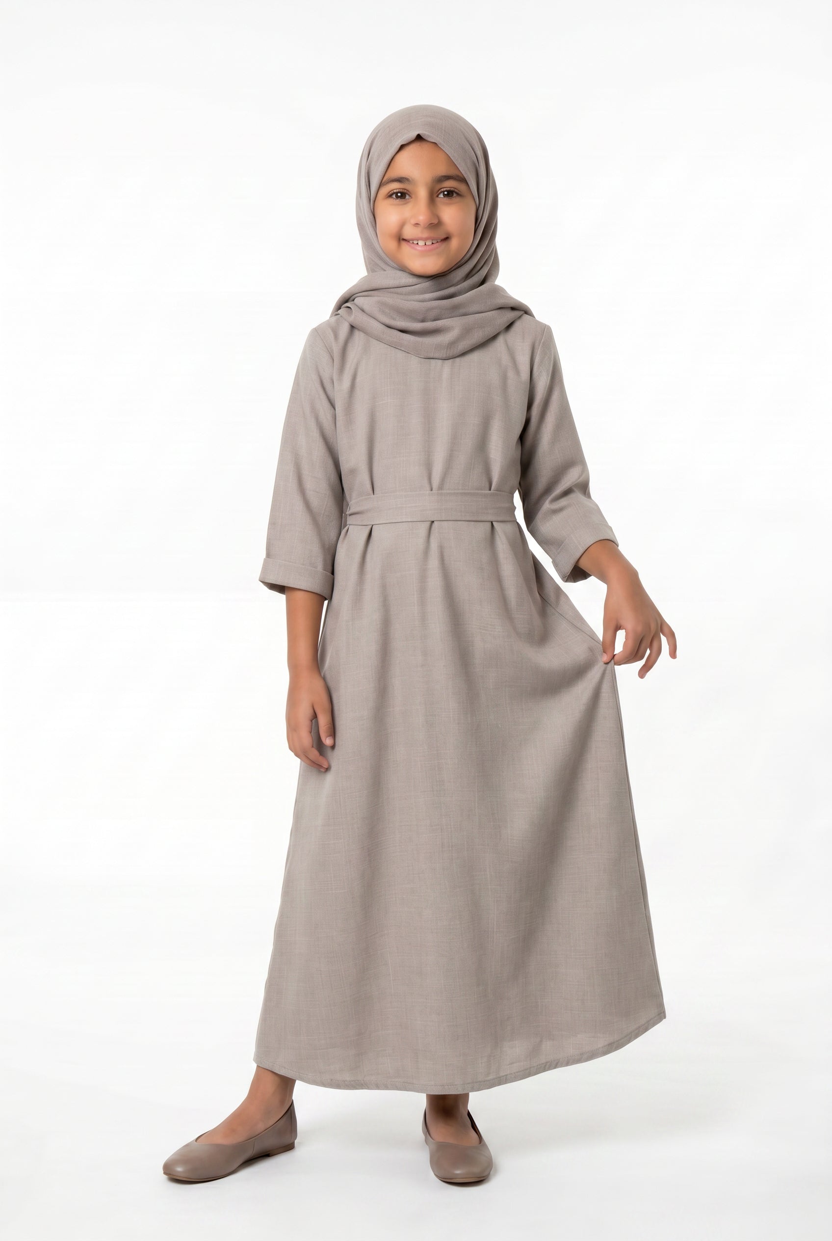 Girls Aailyah Linen Abaya Stone Grey 559k Col 11