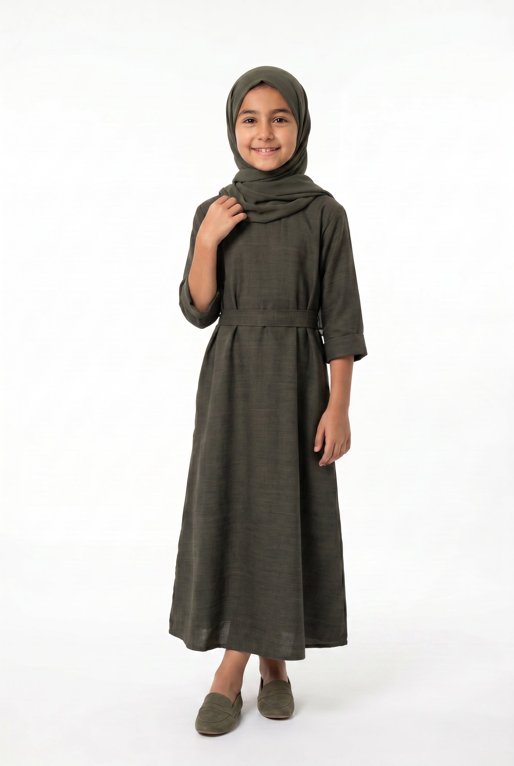 Girls Aaliyah Linen Abaya Olive Green 559k Col 28