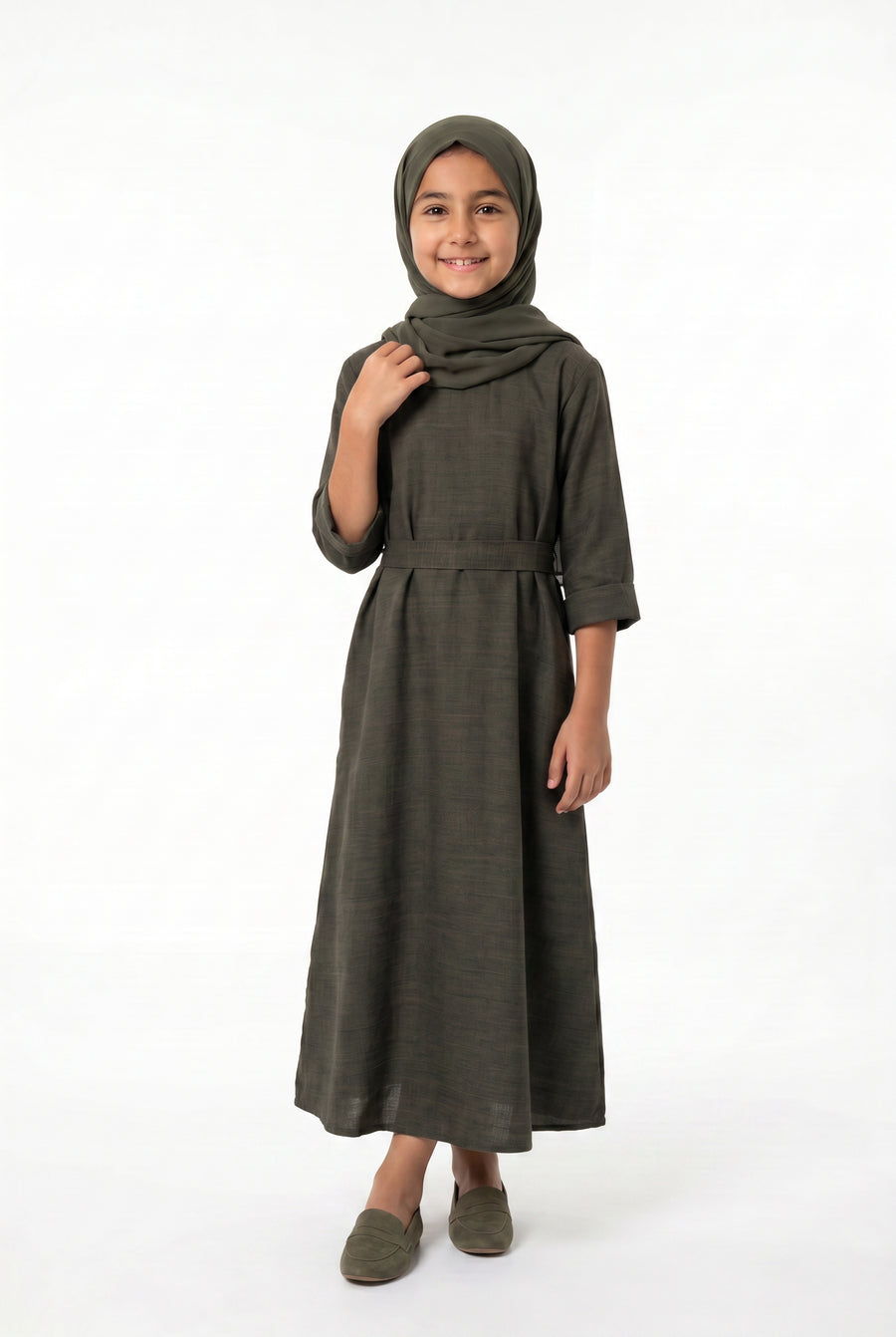 Girls Aaliyah Linen Abaya Olive Green 559k Col 28