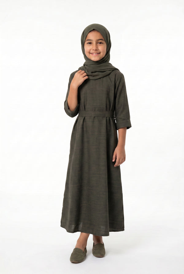 Girls Aaliyah Linen Abaya Olive Green 559k Col 28