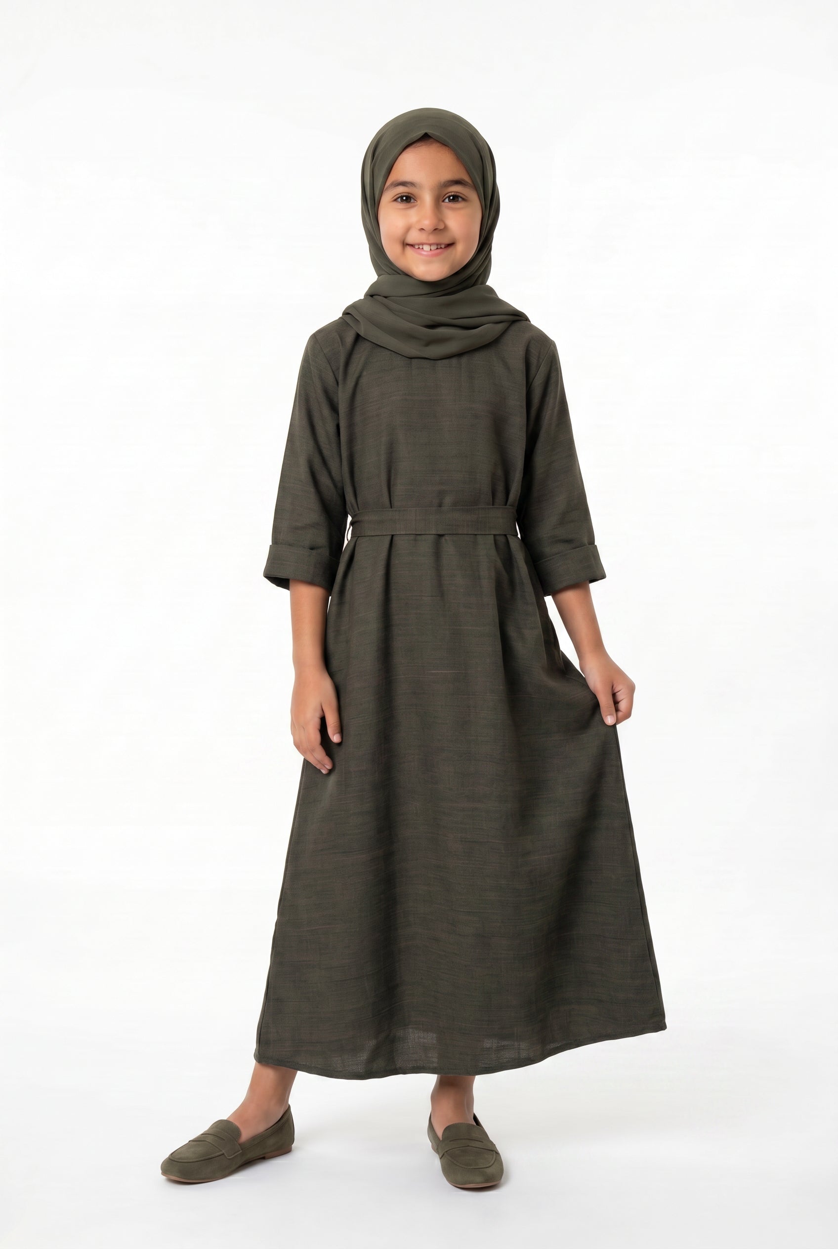 Girls Aaliyah Linen Abaya Olive Green 559k Col 28