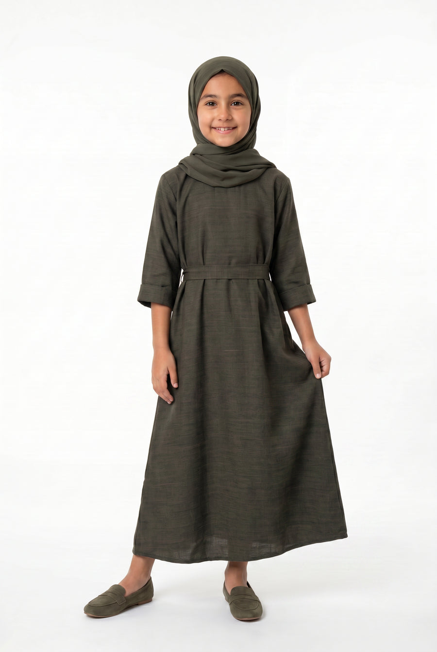 Girls Aaliyah Linen Abaya Olive Green 559k Col 28