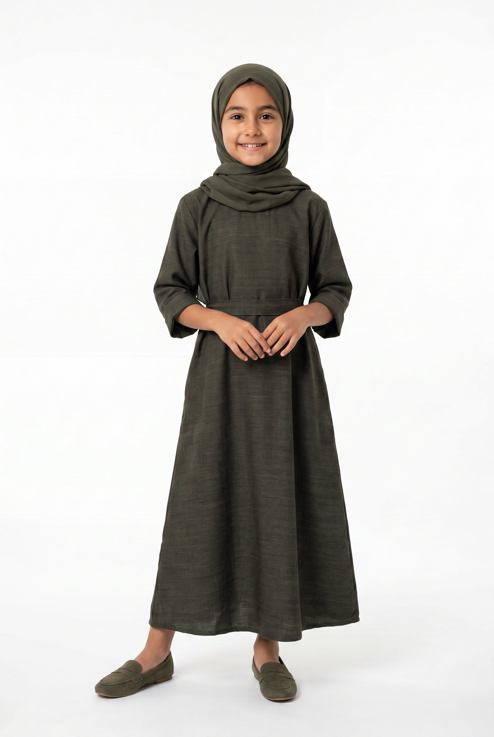 Girls Aaliyah Linen Abaya Olive Green 559k Col 28