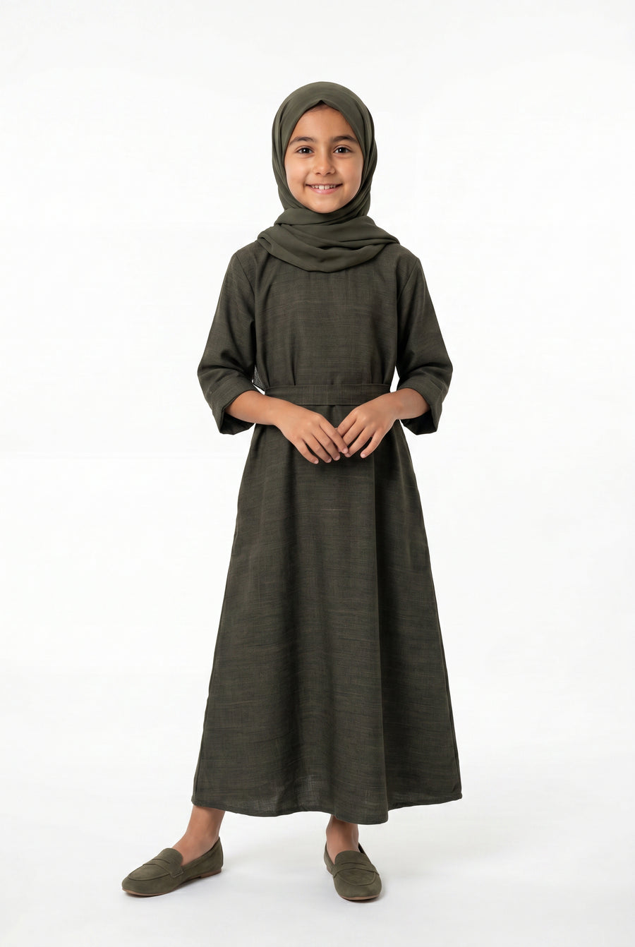 Girls Aaliyah Linen Abaya Olive Green 559k Col 28