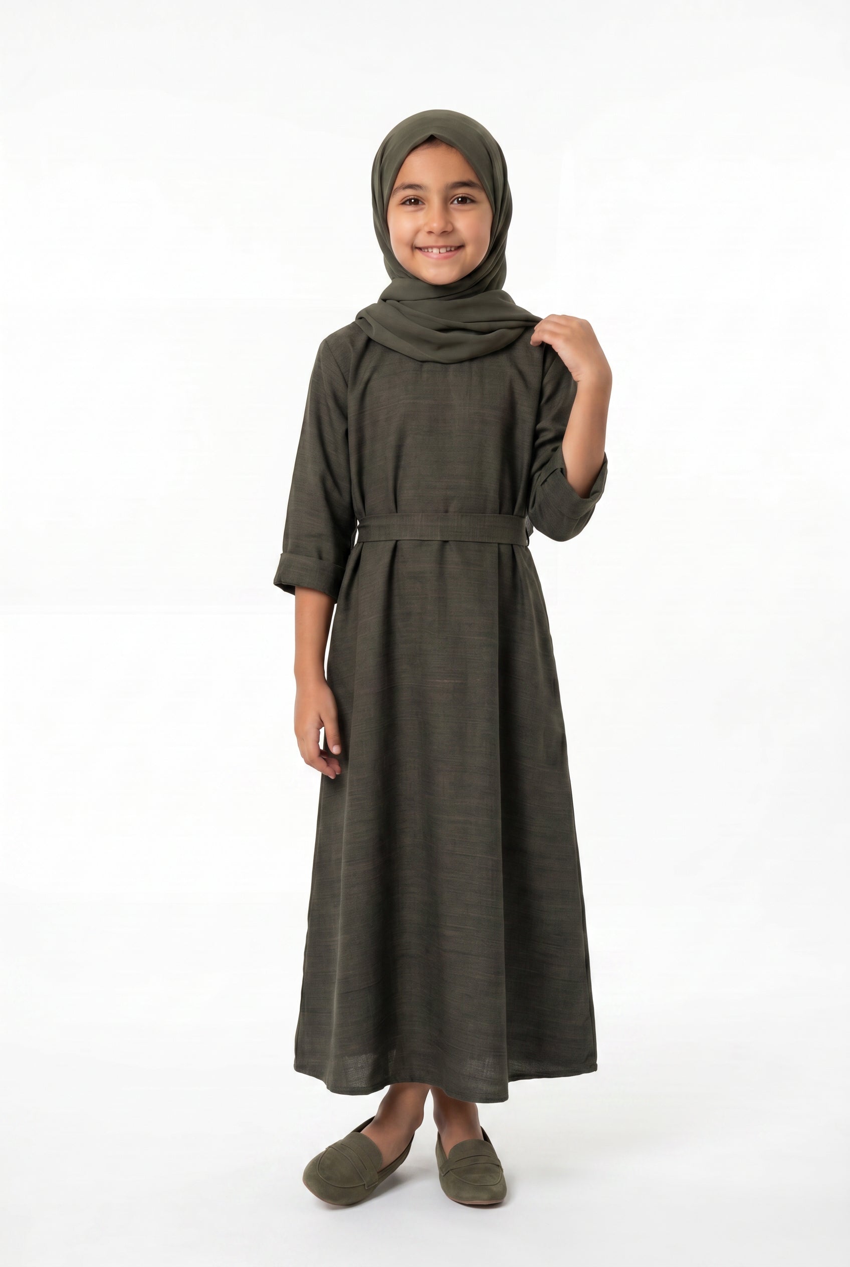 Girls Aaliyah Linen Abaya Olive Green 559k Col 28