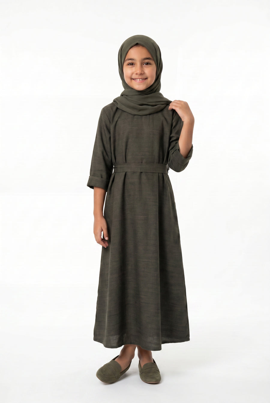 Girls Aaliyah Linen Abaya Olive Green 559k Col 28