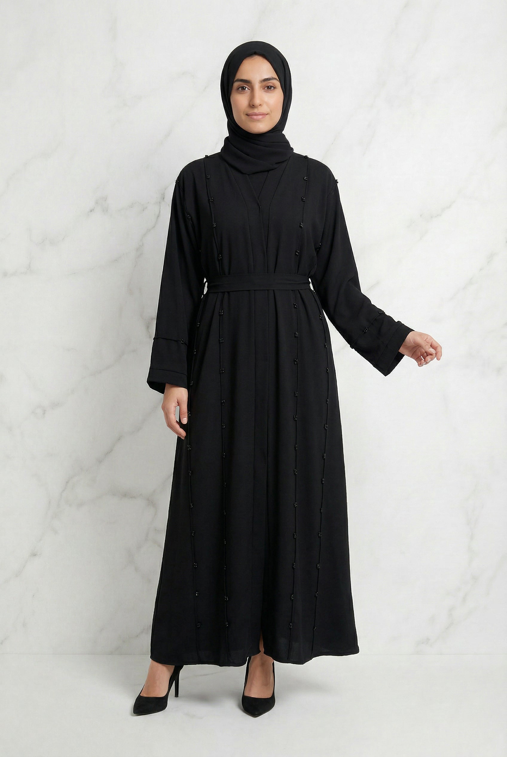 Beaded and Belted Nida Abaya Black 565 Col 1