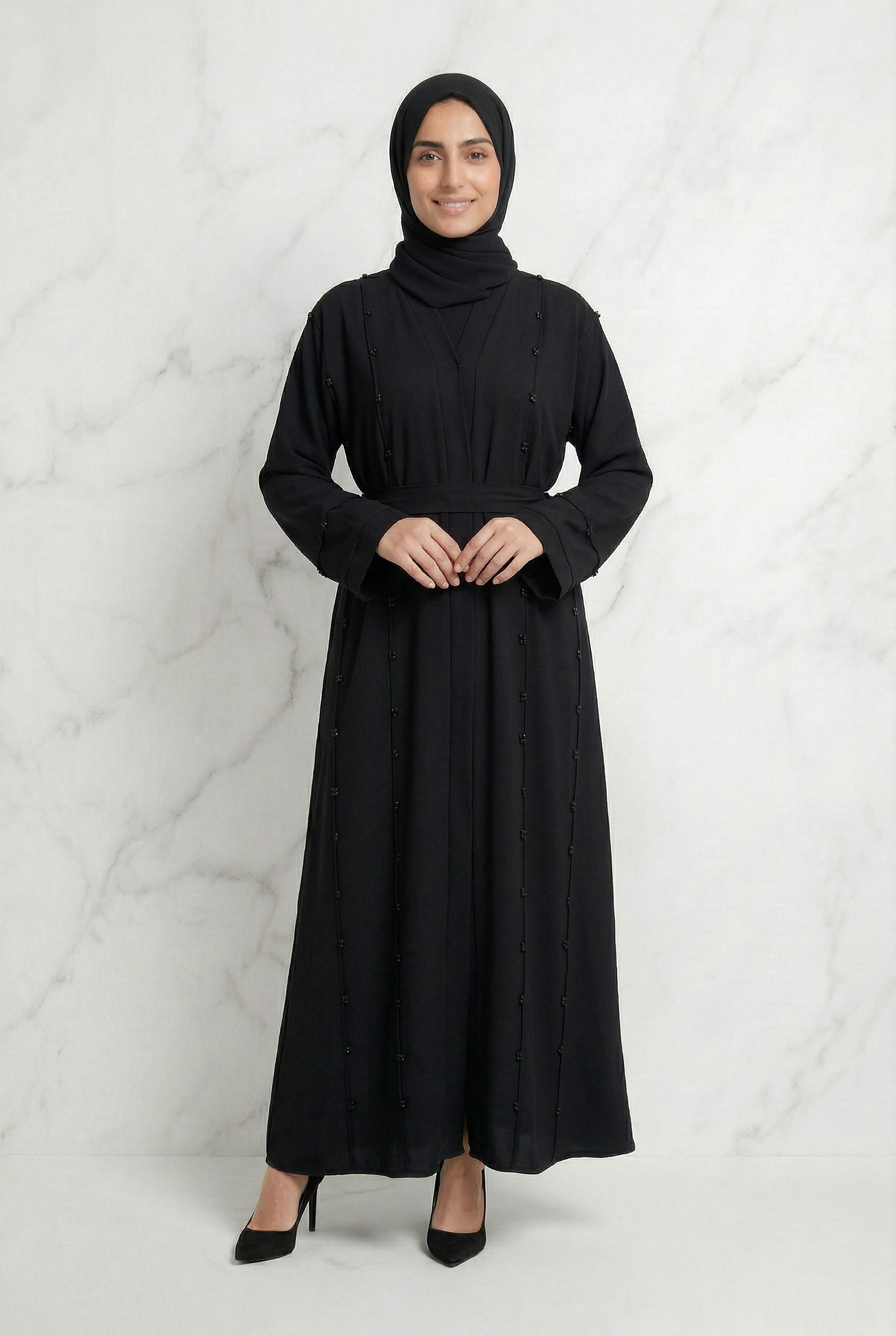 Beaded and Belted Nida Abaya Black 565 Col 1