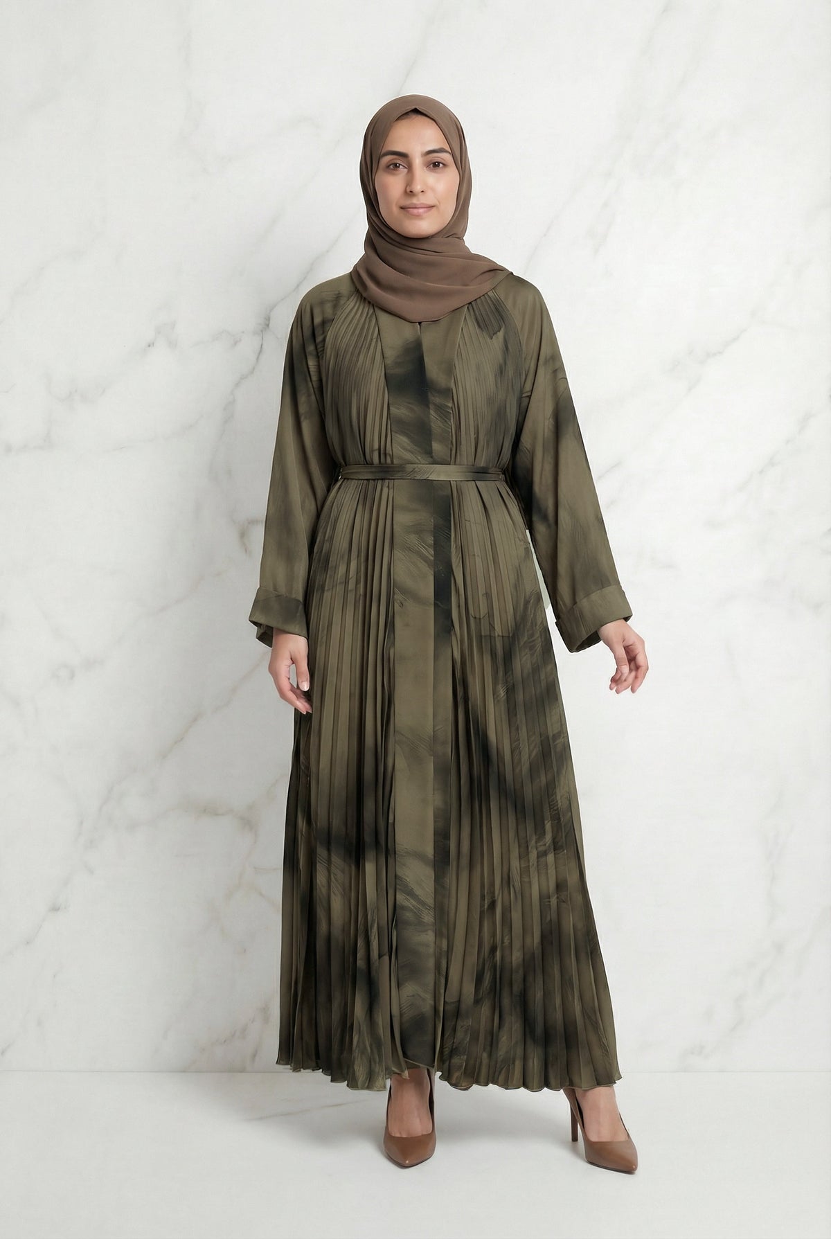Pleated Satin Abaya Brown 602 Col 2