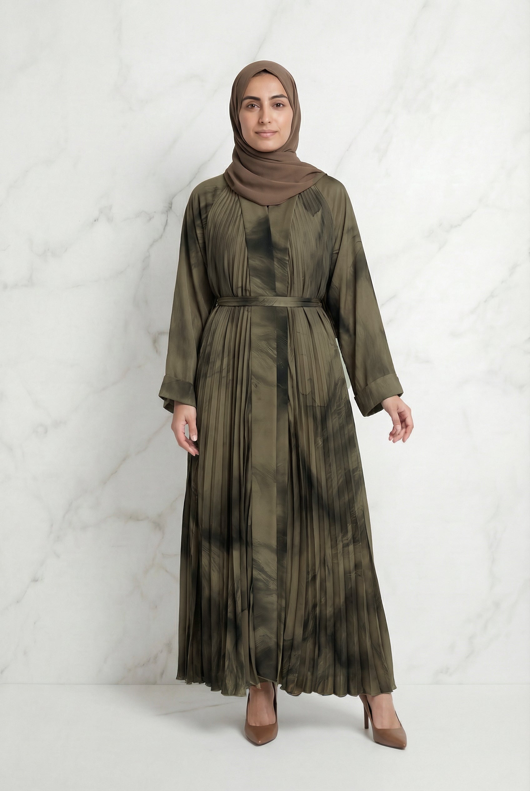 Pleated Satin Abaya Brown 602 Col 2