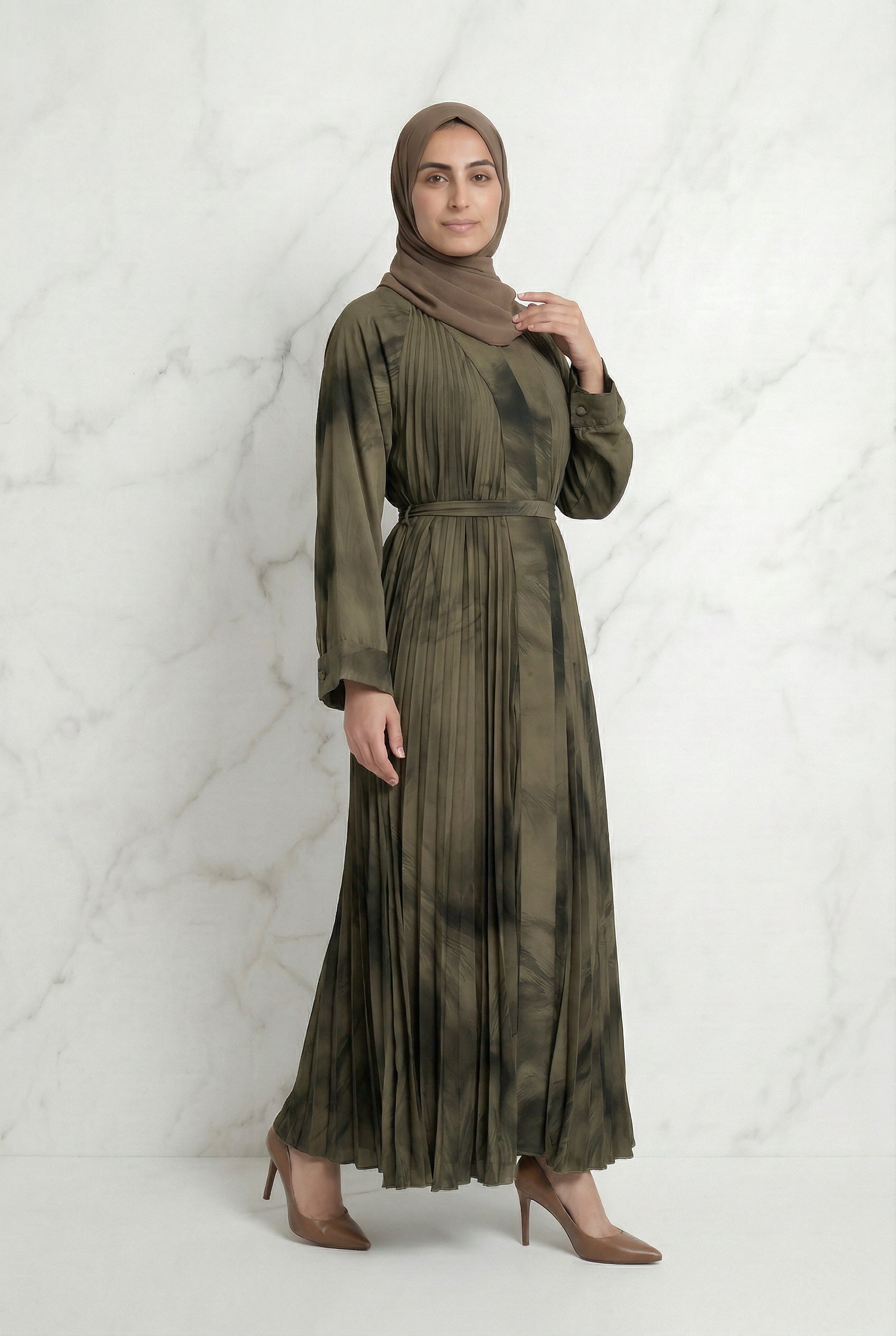 Pleated Satin Abaya Brown 602 Col 2
