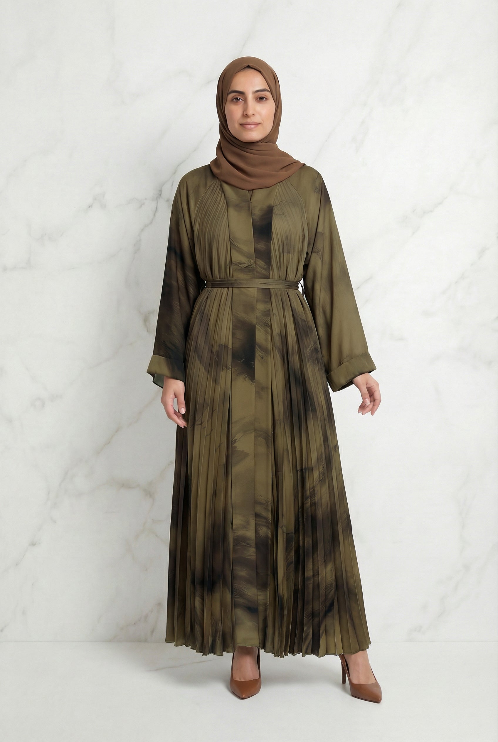Pleated Satin Abaya Gold 602 Col 9