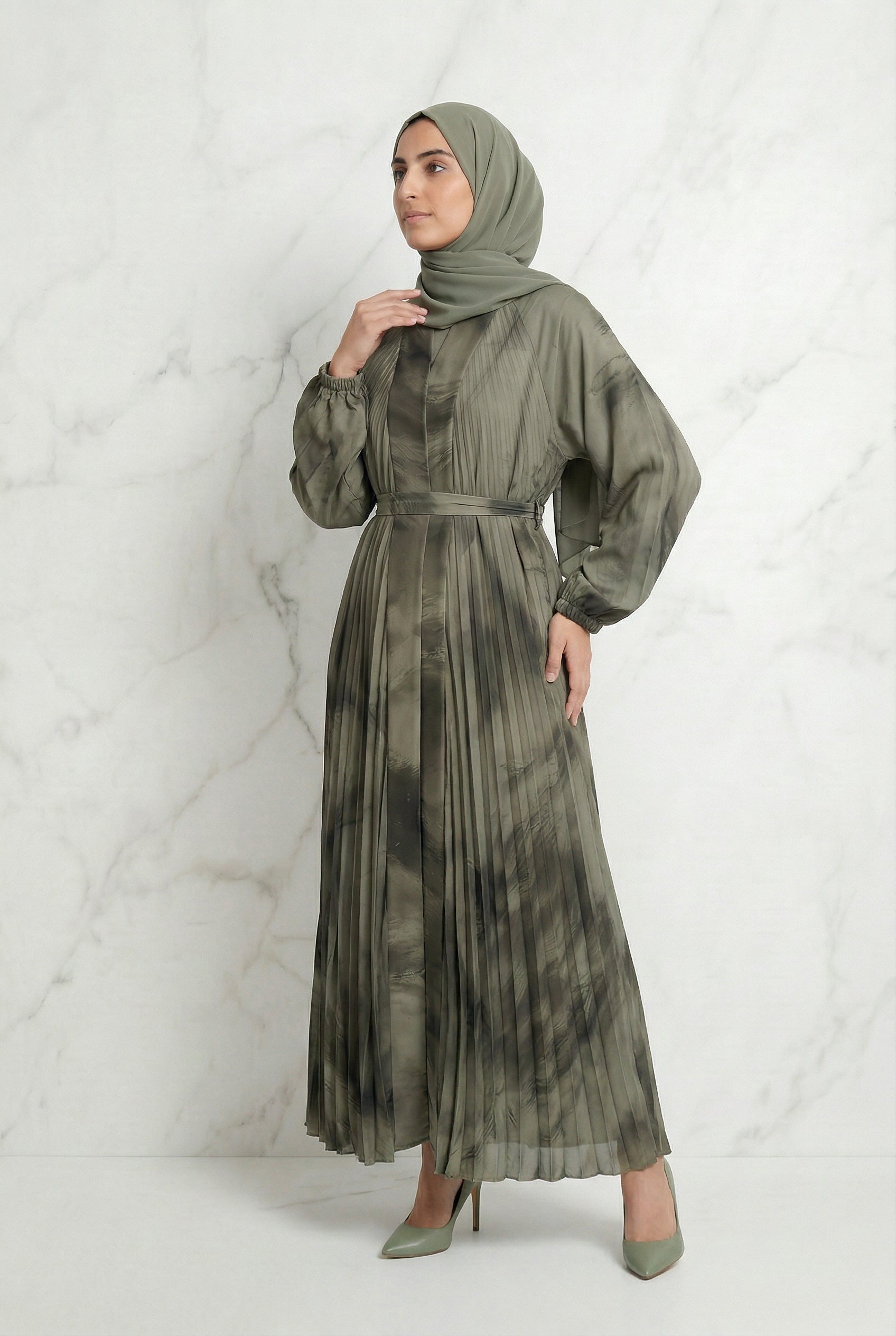 Pleated Satin Abaya Green 602 Col 12
