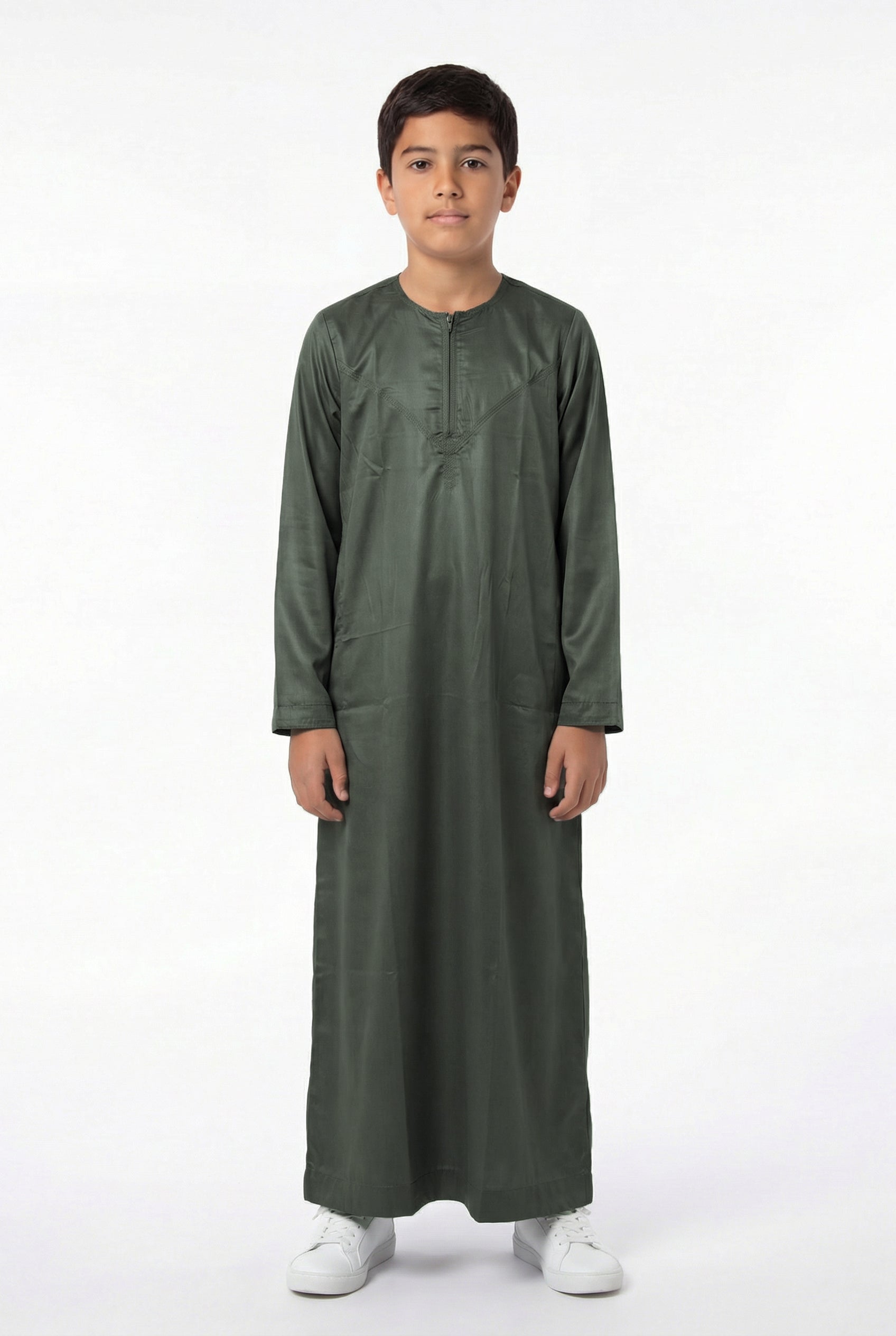 Boys Omani Satin Thobe Olive Green AMS 1501 Col 13