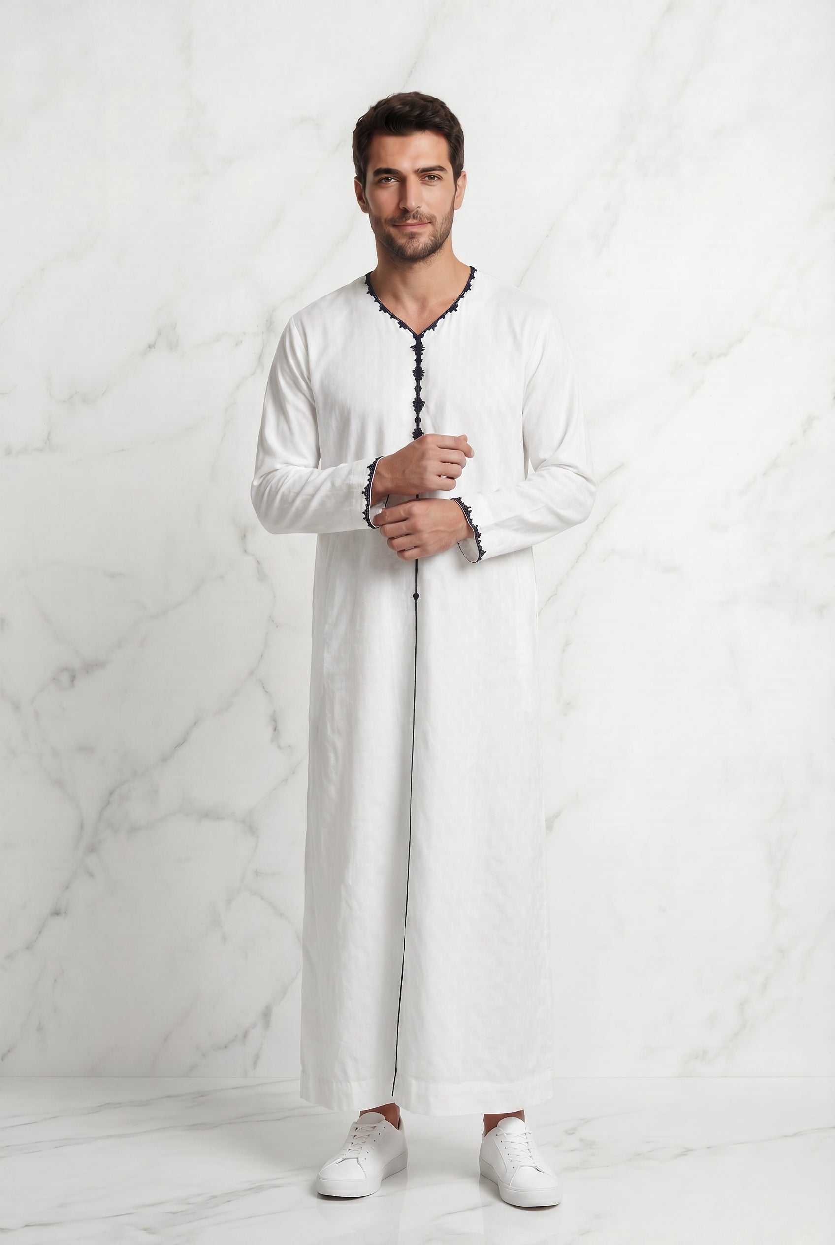 Textured White Thobe With Black Detailing 1514