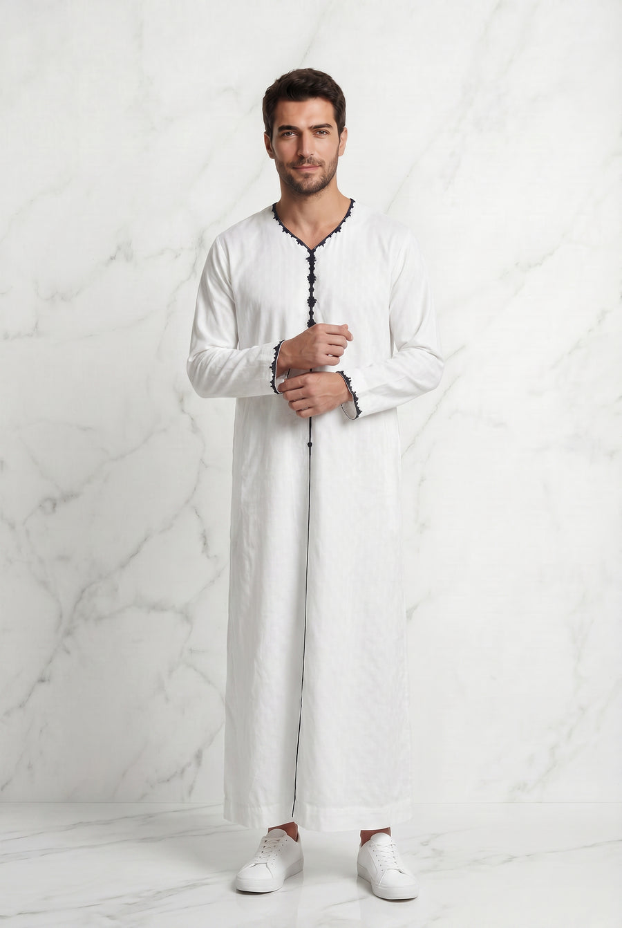 Textured White Thobe With Black Detailing 1514