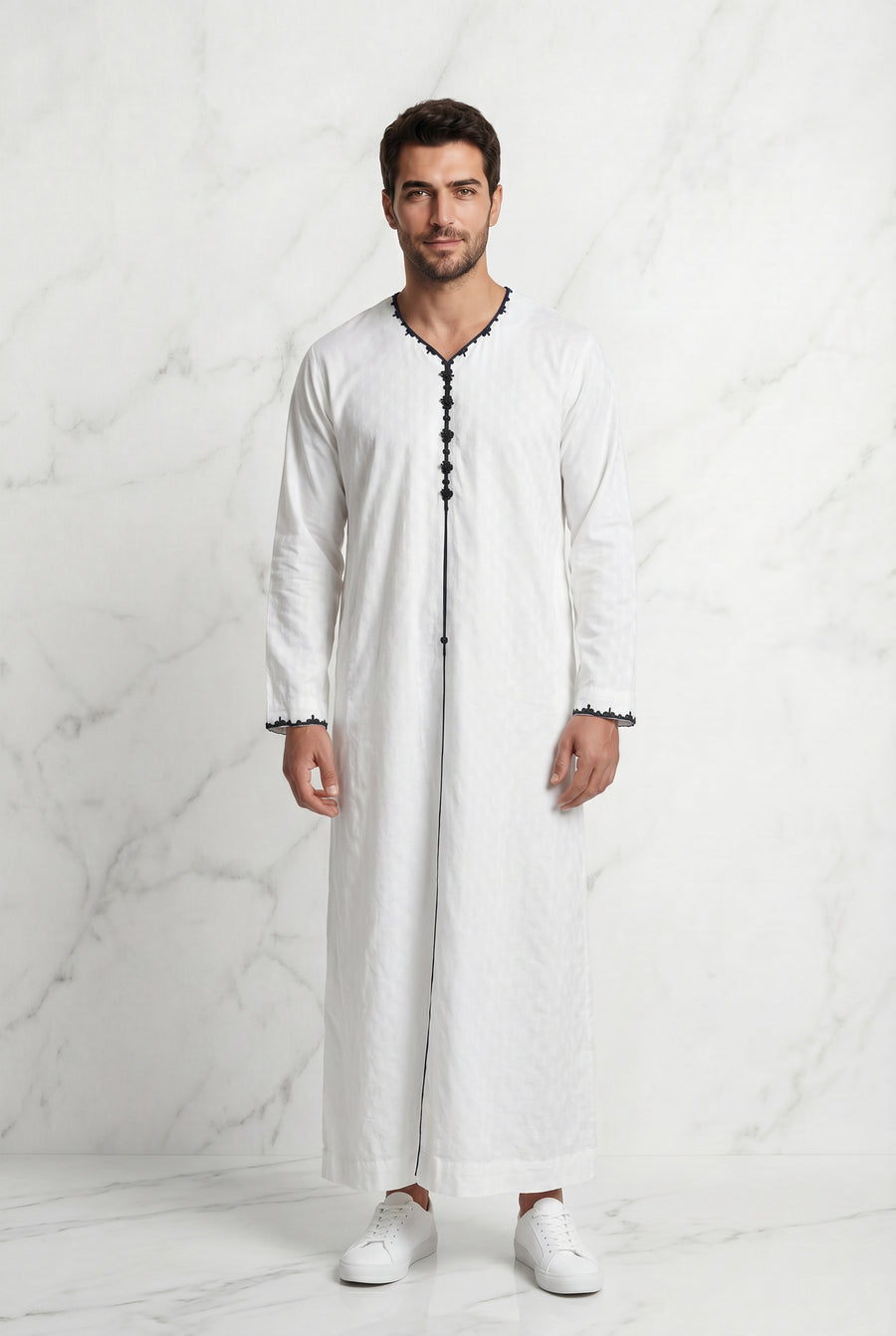 Textured White Thobe With Black Detailing 1514