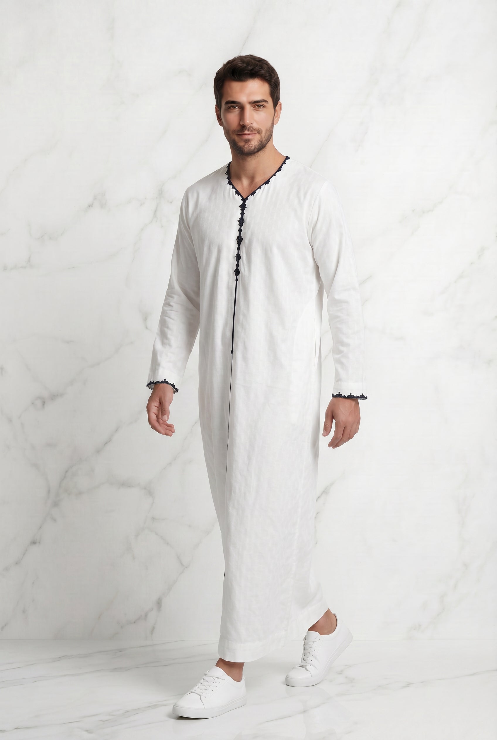 Textured White Thobe With Black Detailing 1514