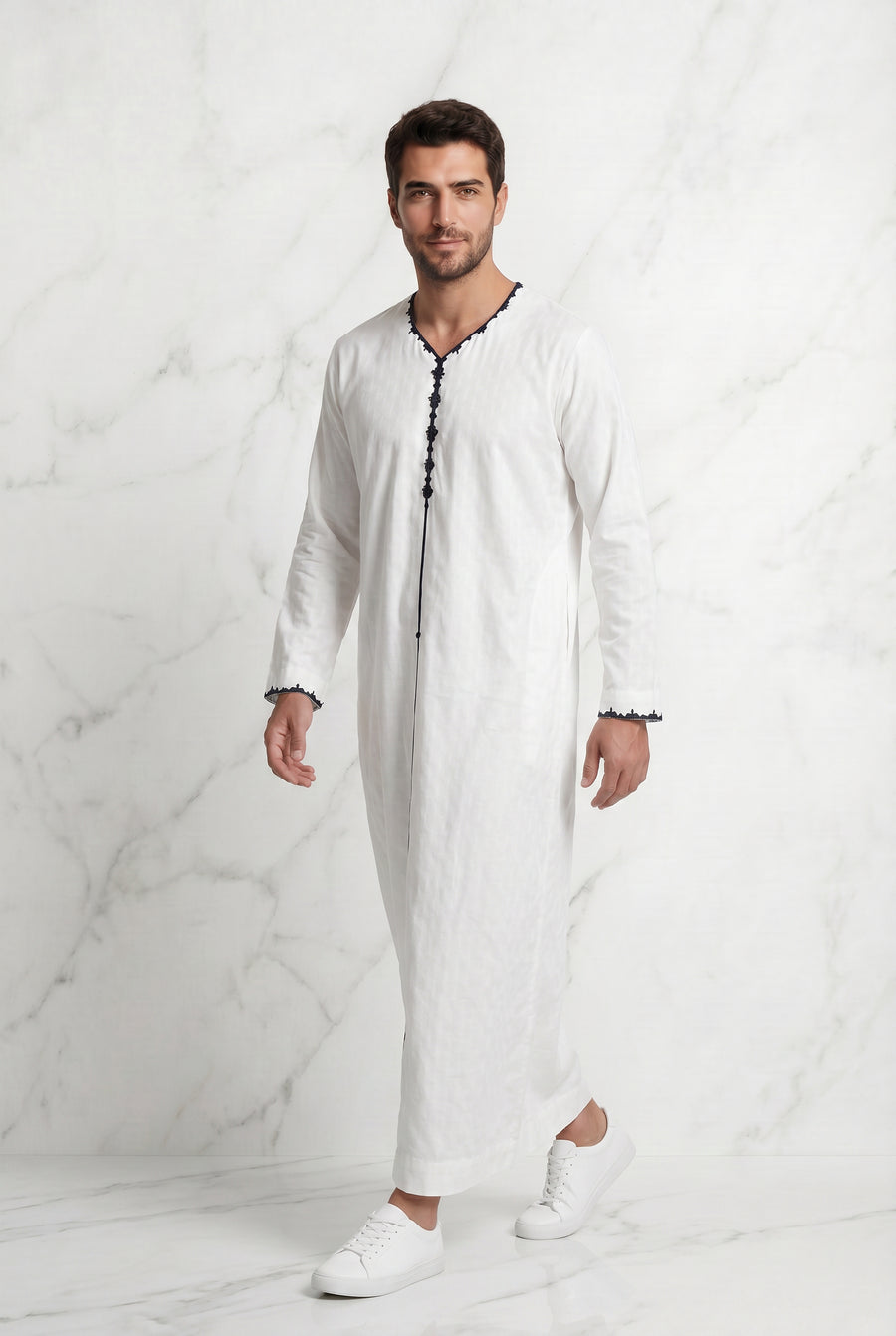 Textured White Thobe With Black Detailing 1514