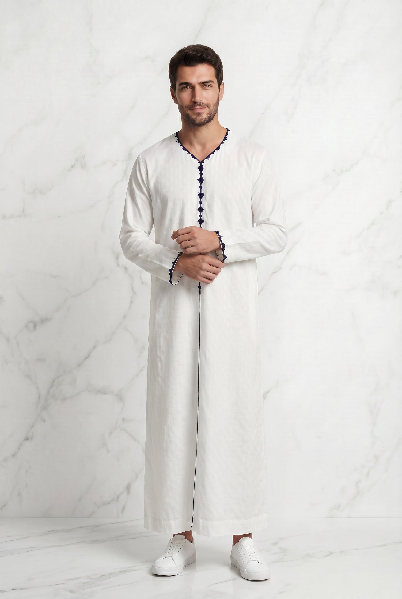 Textured White Thobe With Navy Detailing 1514