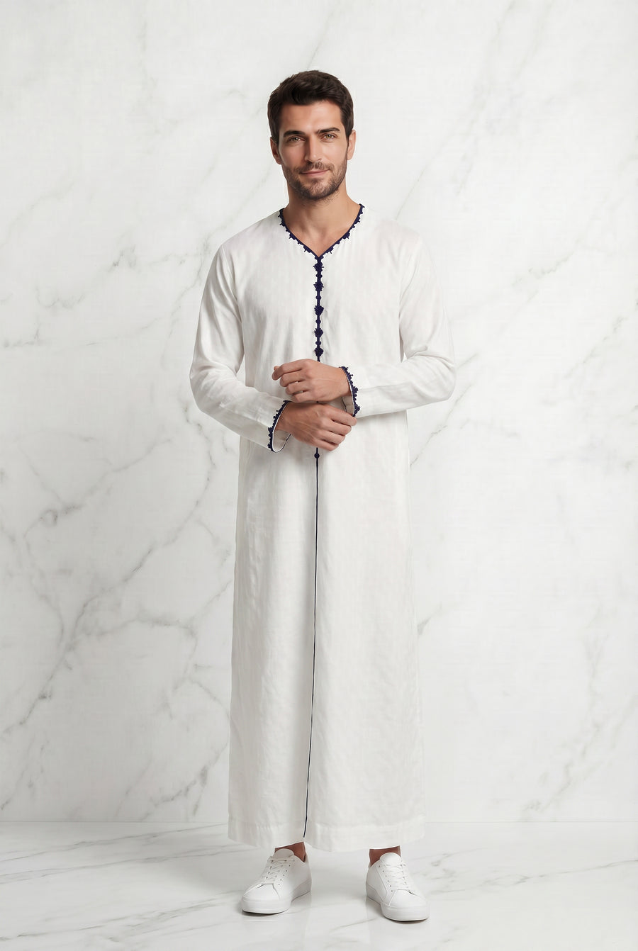 Textured White Thobe With Navy Detailing 1514