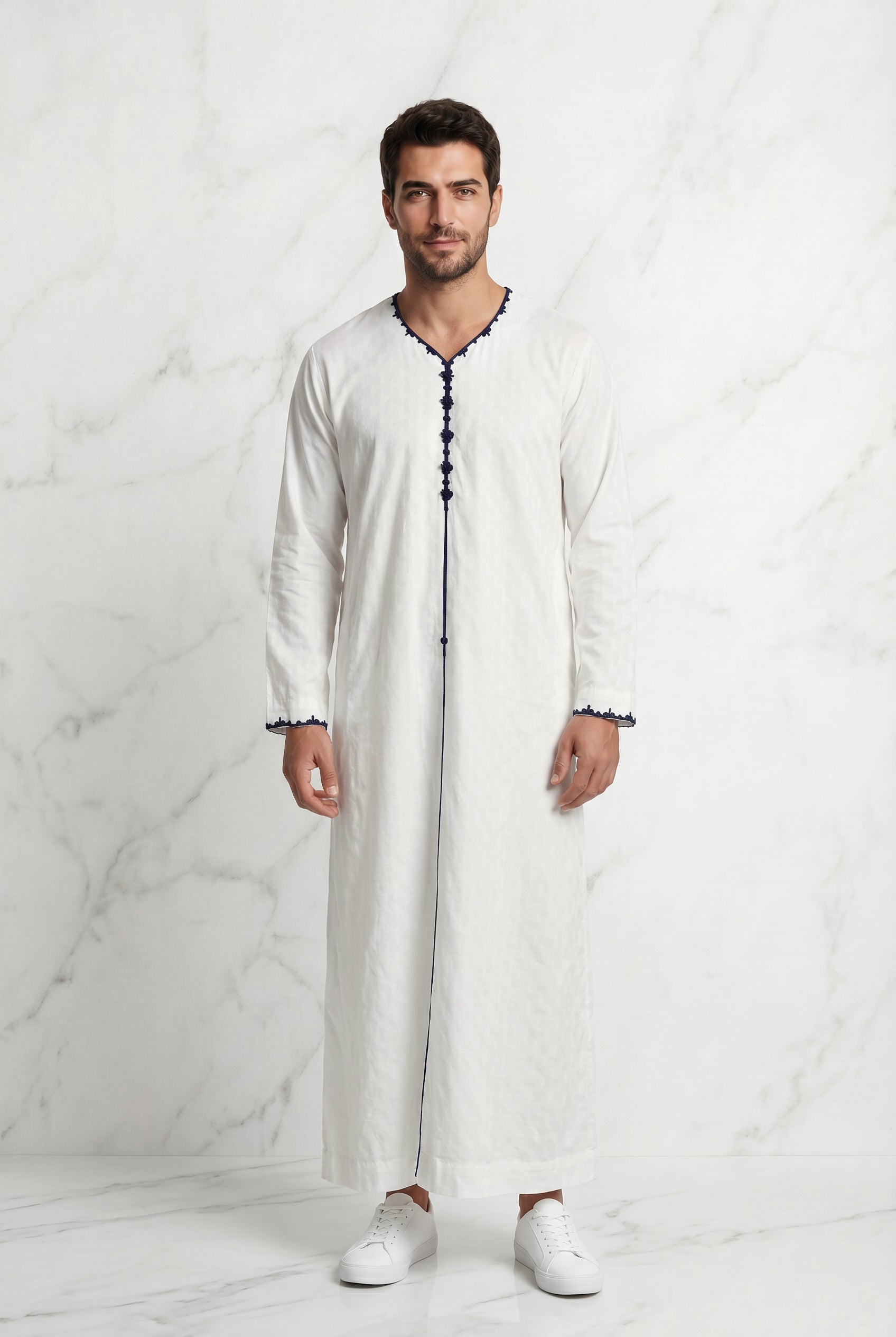 Textured White Thobe With Navy Detailing 1514