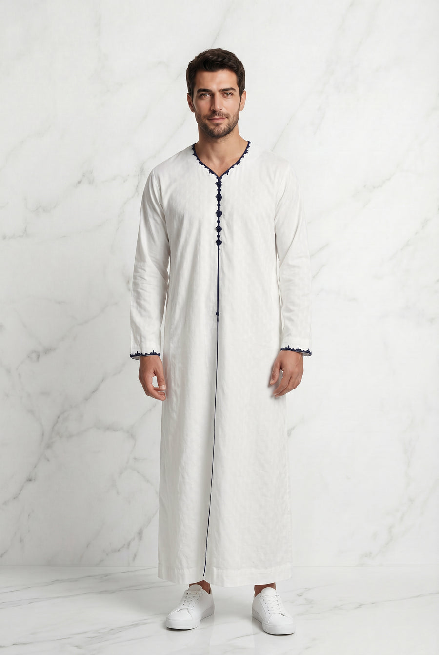 Textured White Thobe With Navy Detailing 1514