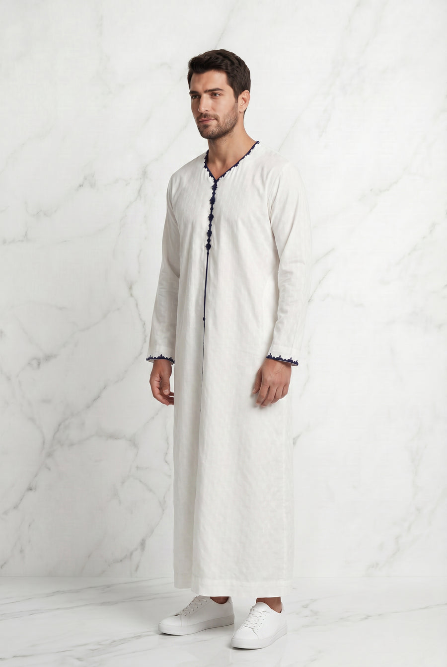 Textured White Thobe With Navy Detailing 1514