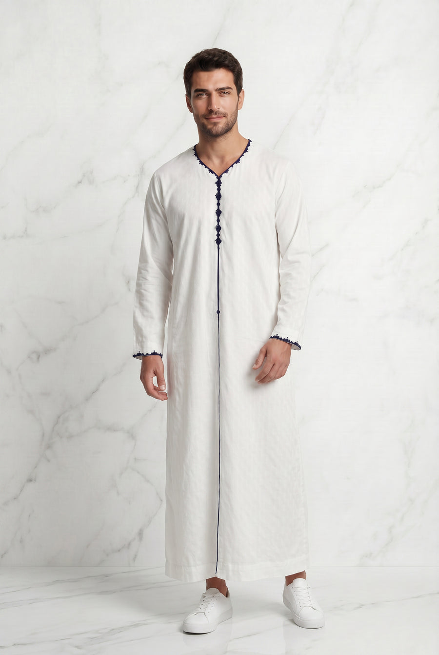 Textured White Thobe With Navy Detailing 1514