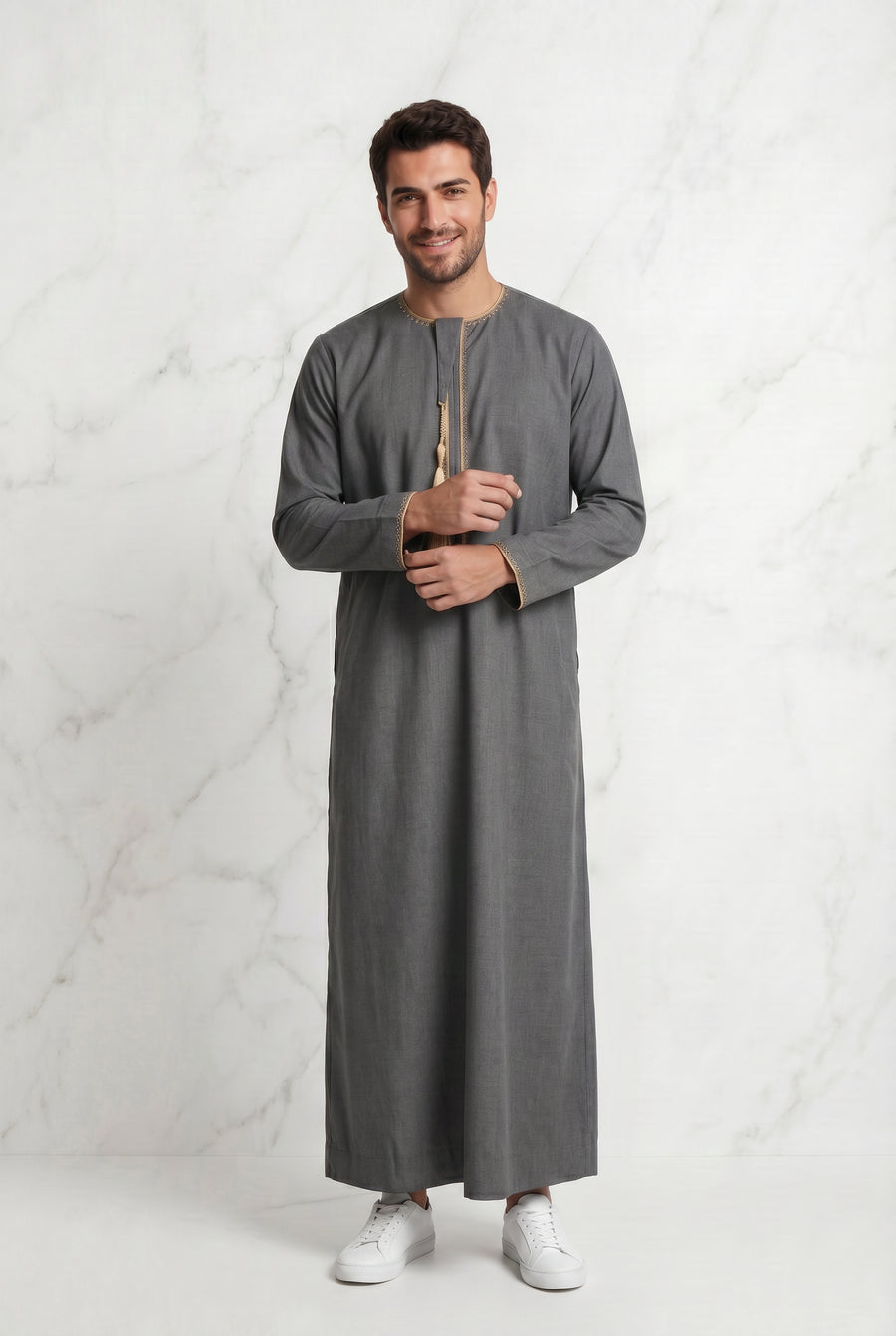 Grey Detailed Tasselled Thobe for Men 1522-21