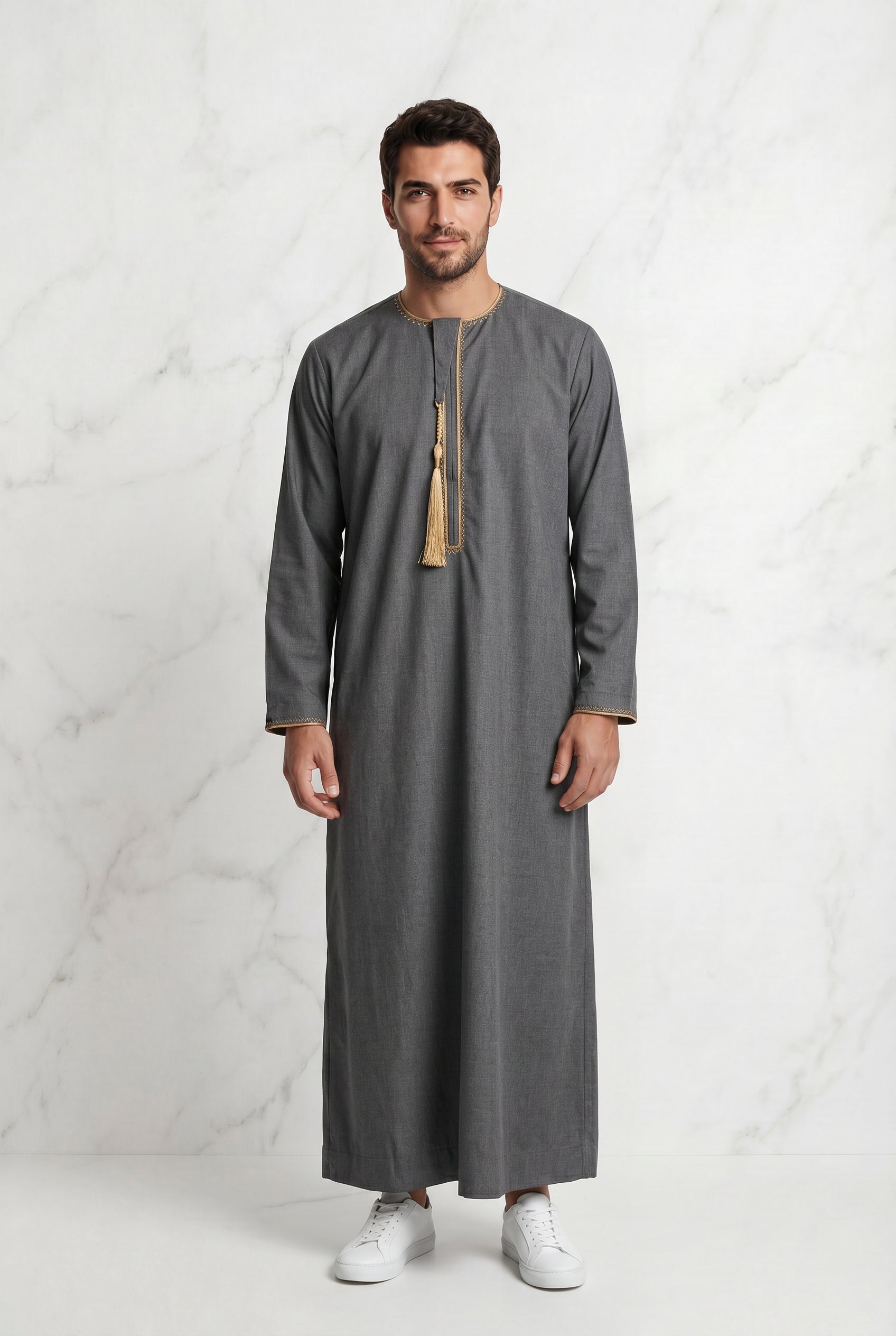 Grey Detailed Tasselled Thobe for Men 1522-21
