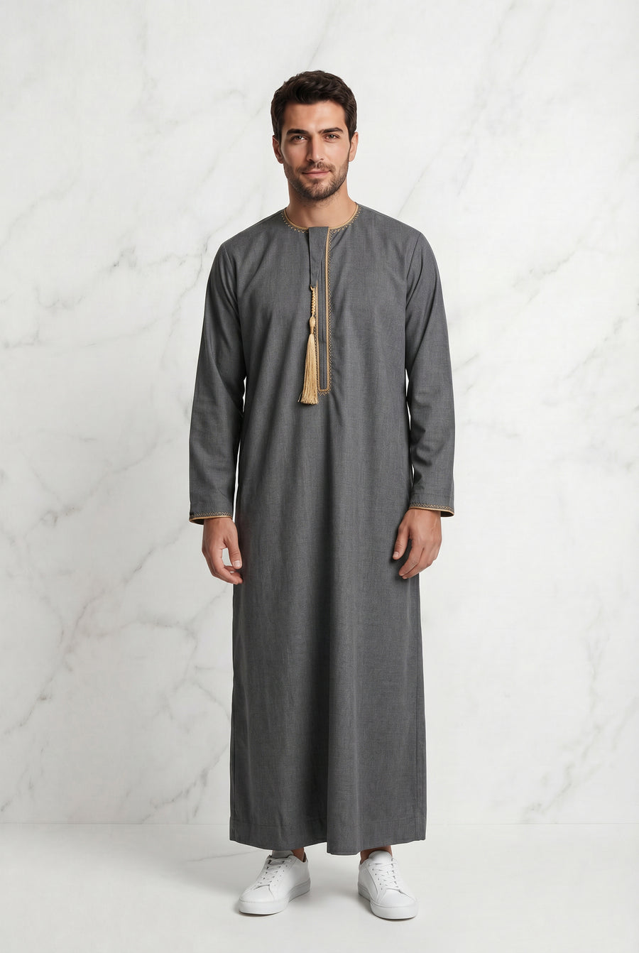 Grey Detailed Tasselled Thobe for Men 1522-21