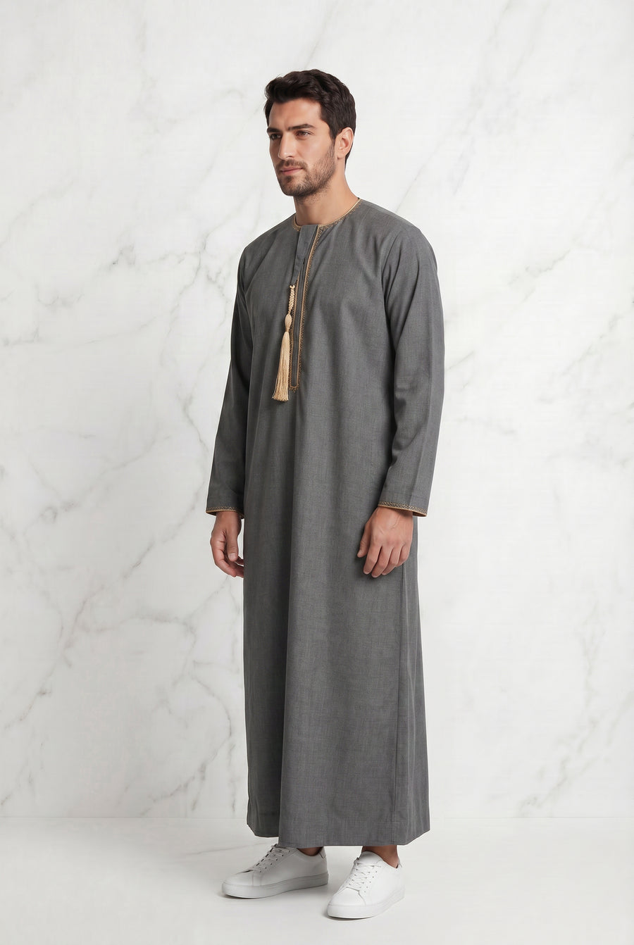 Grey Detailed Tasselled Thobe for Men 1522-21