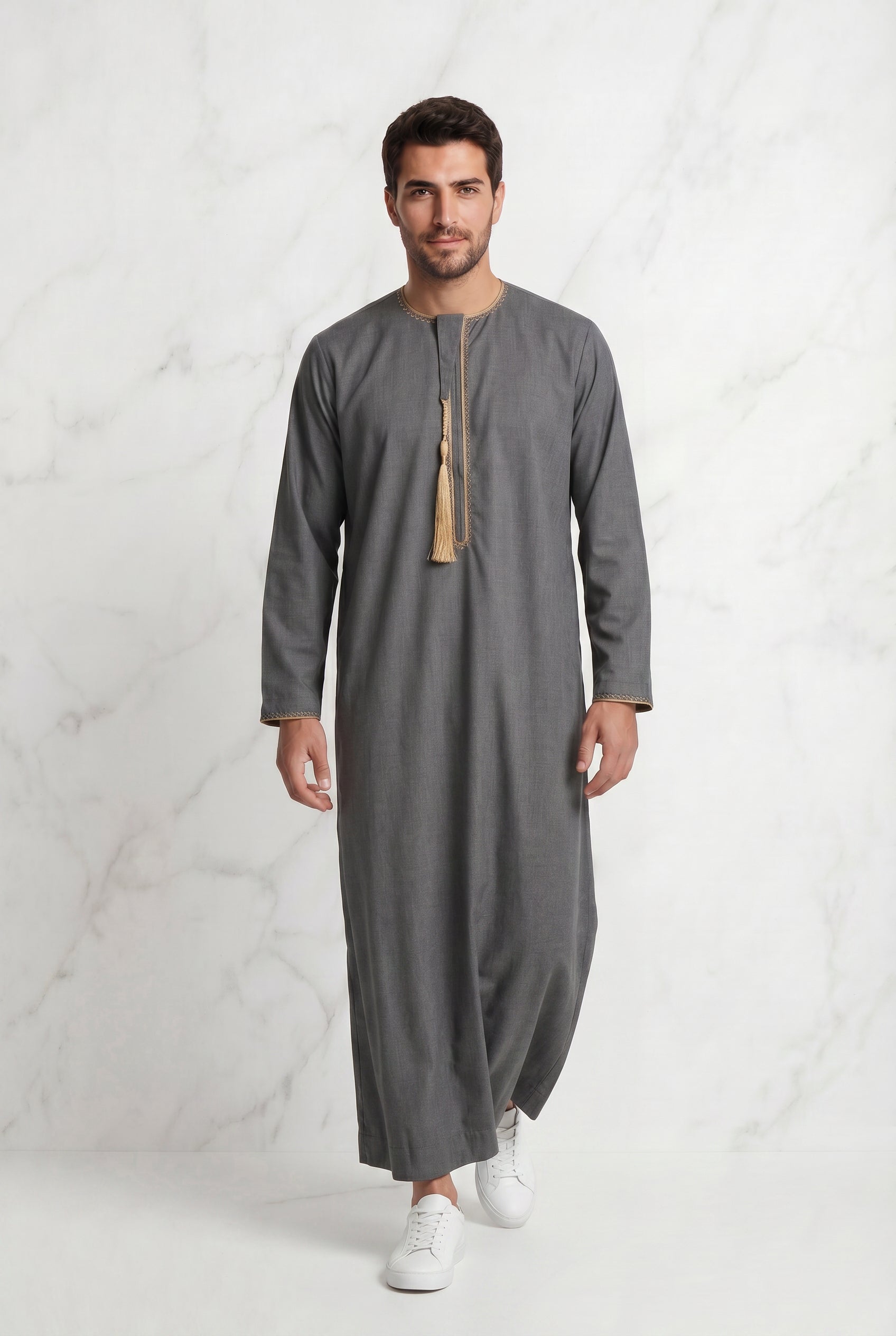 Grey Detailed Tasselled Thobe for Men 1522-21