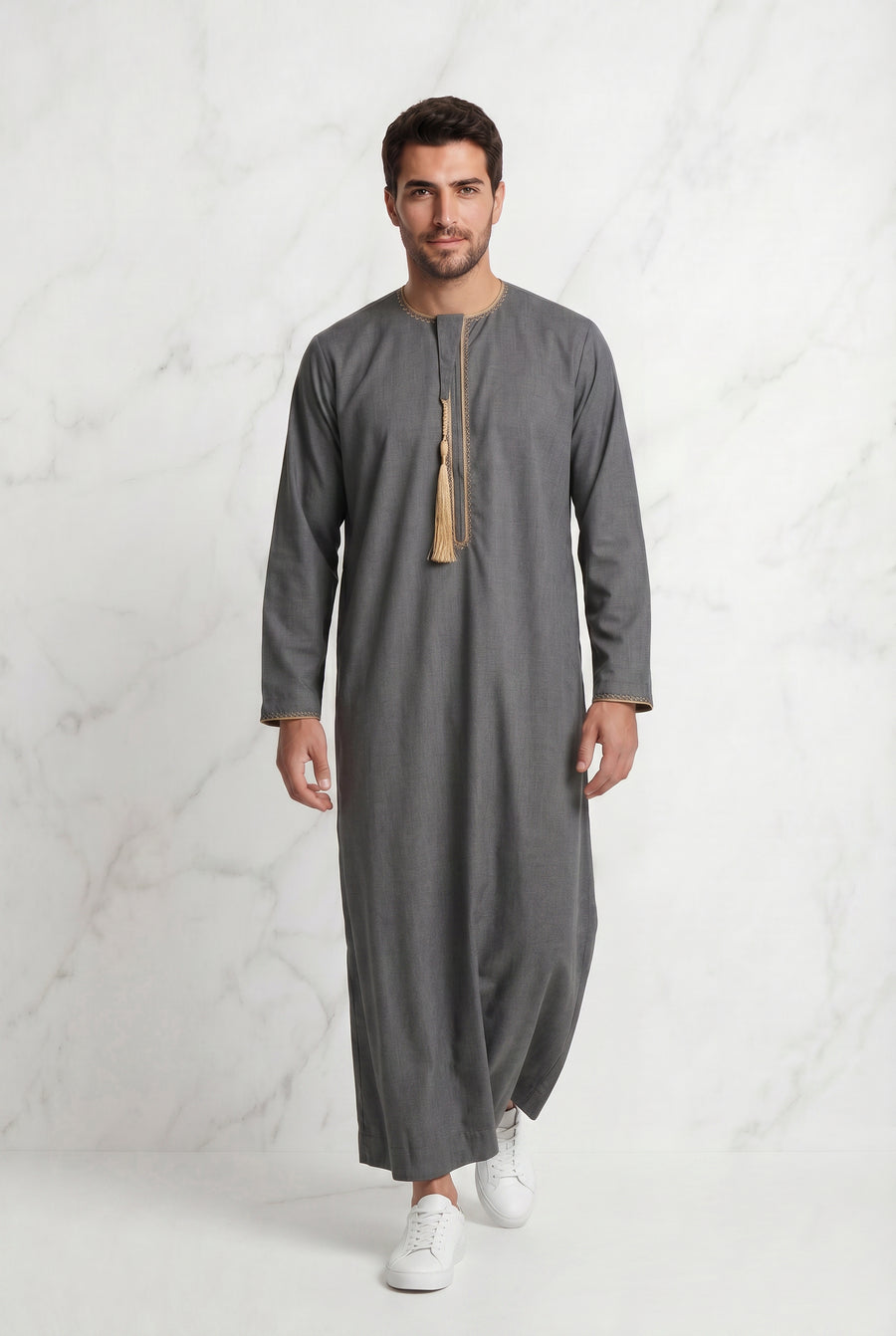 Grey Detailed Tasselled Thobe for Men 1522-21