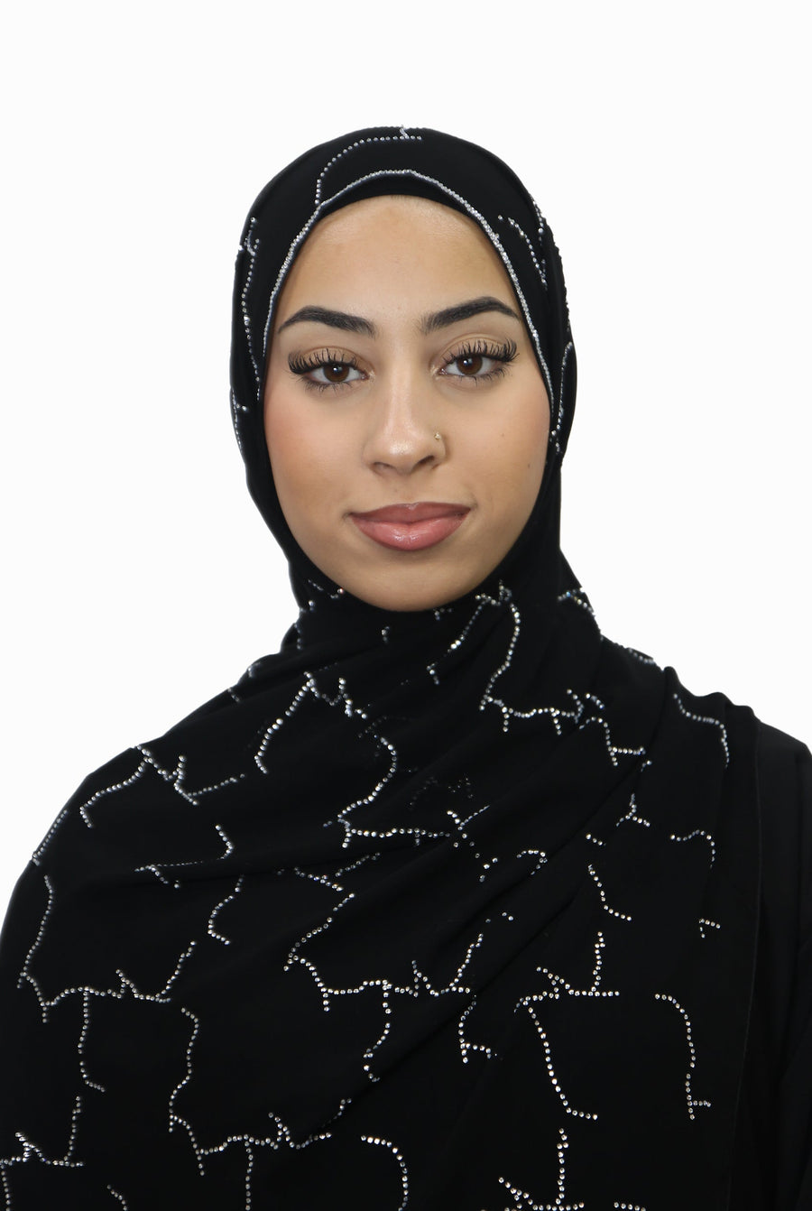 Emirati Chiffon Stone Hijab D1 Black With Silver Beads Col 1