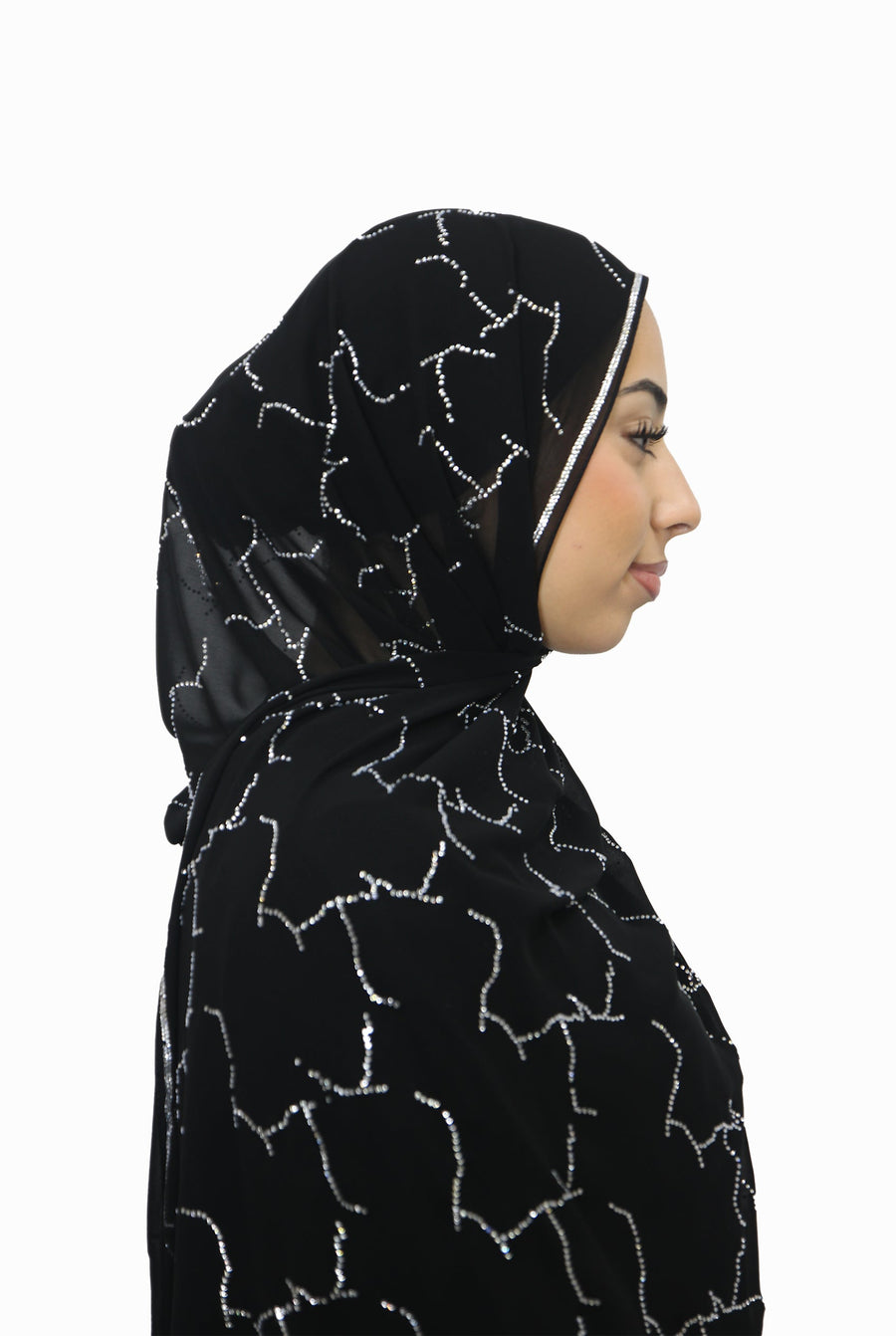 Emirati Chiffon Stone Hijab D1 Black With Silver Beads Col 1