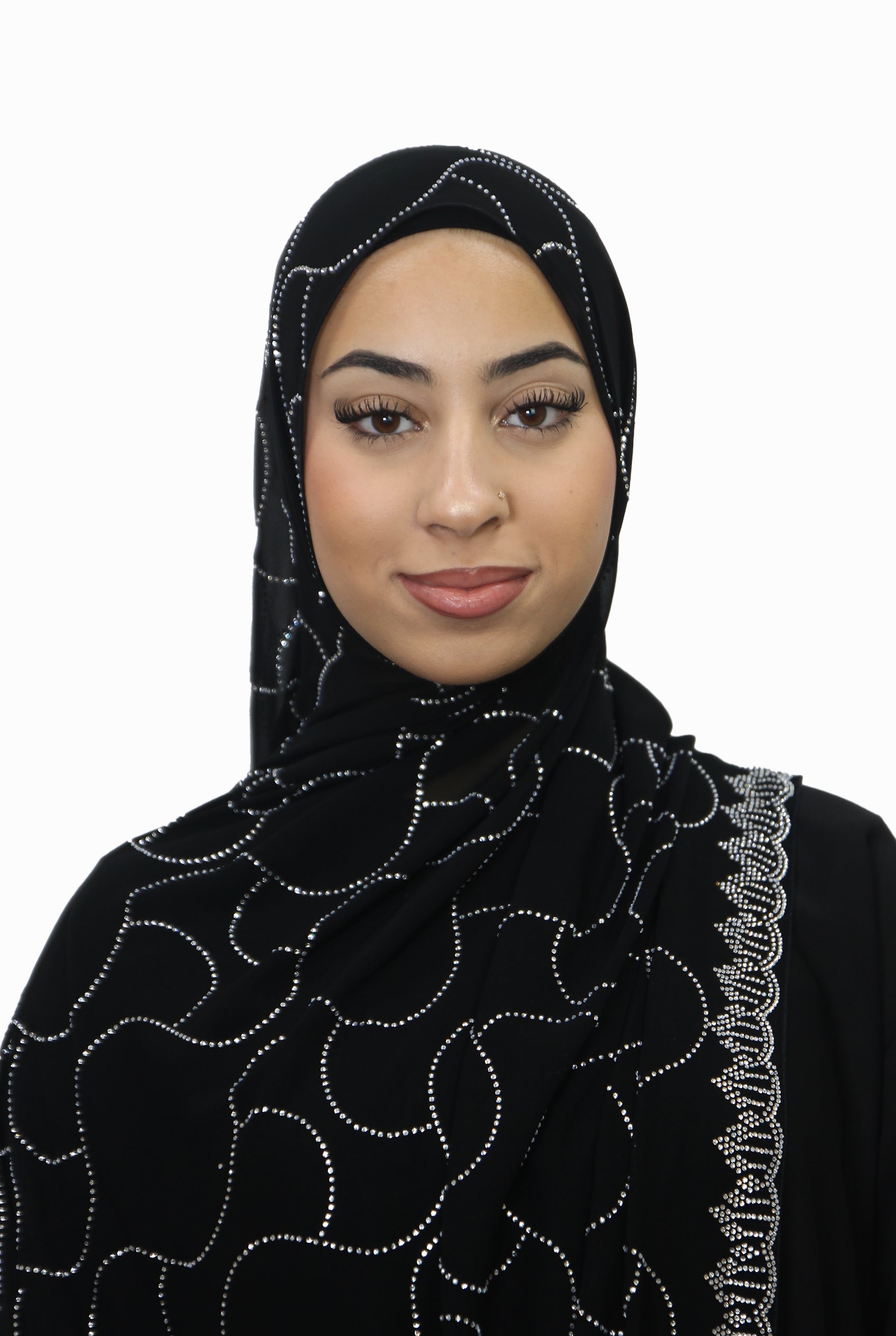 Emirati Chiffon Stone Hijab D2 Black With Silver Beads Col 1