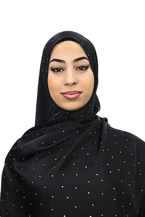 Satin Mukesh Hijab Black with Silver beads