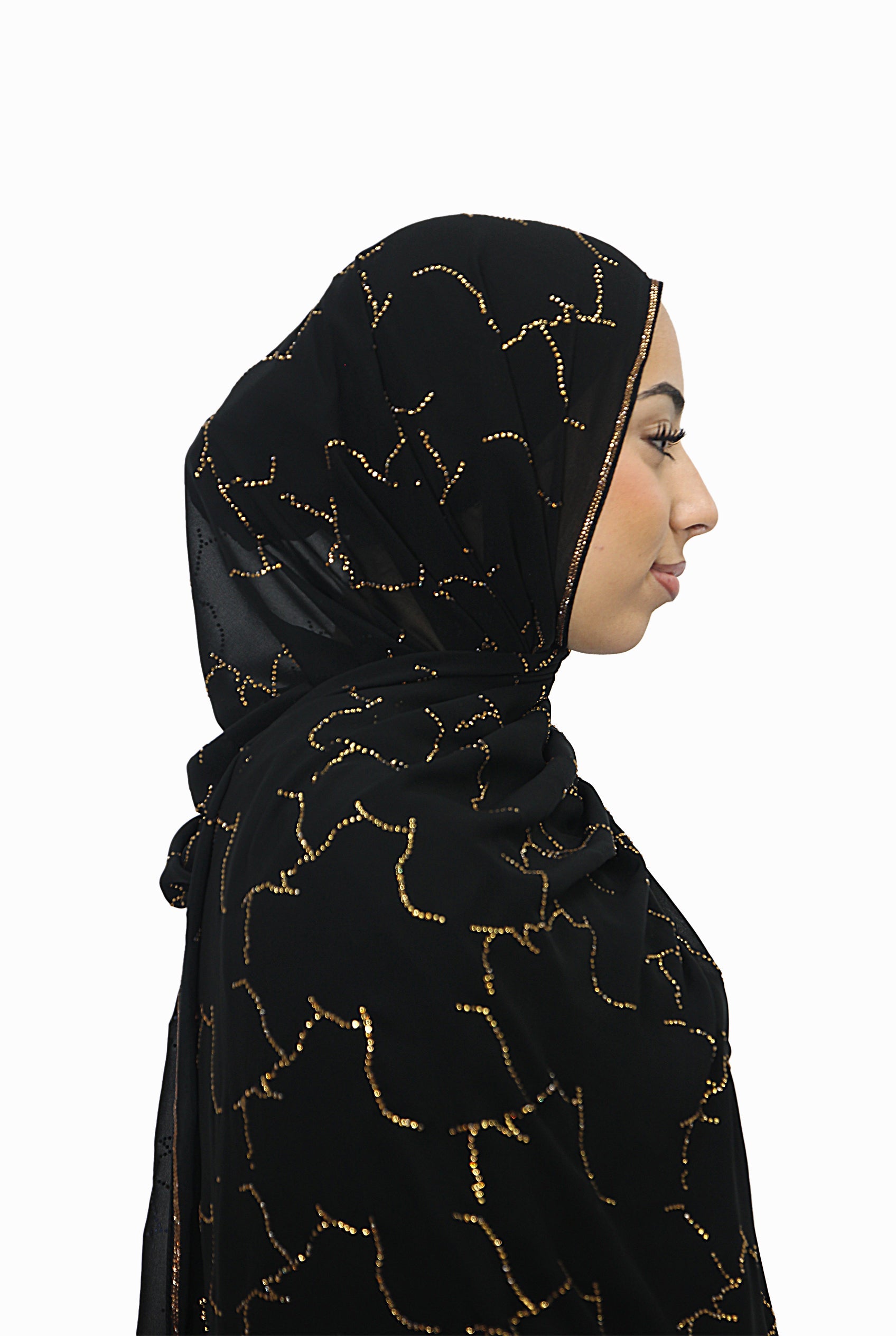 Emirati Chiffon Stone Hijab D1 Black With Gold Beads Col 3