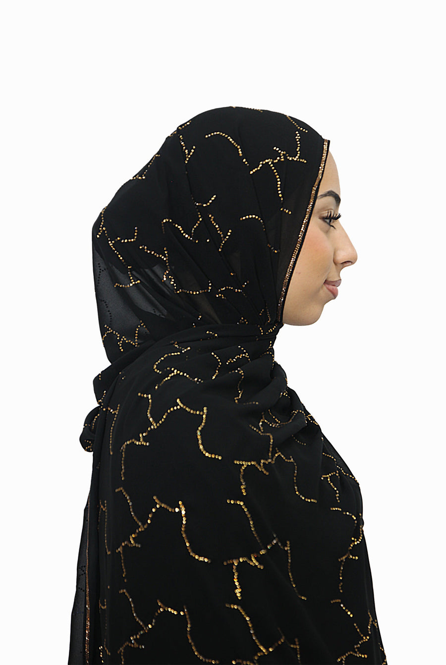 Emirati Chiffon Stone Hijab D1 Black With Gold Beads Col 3