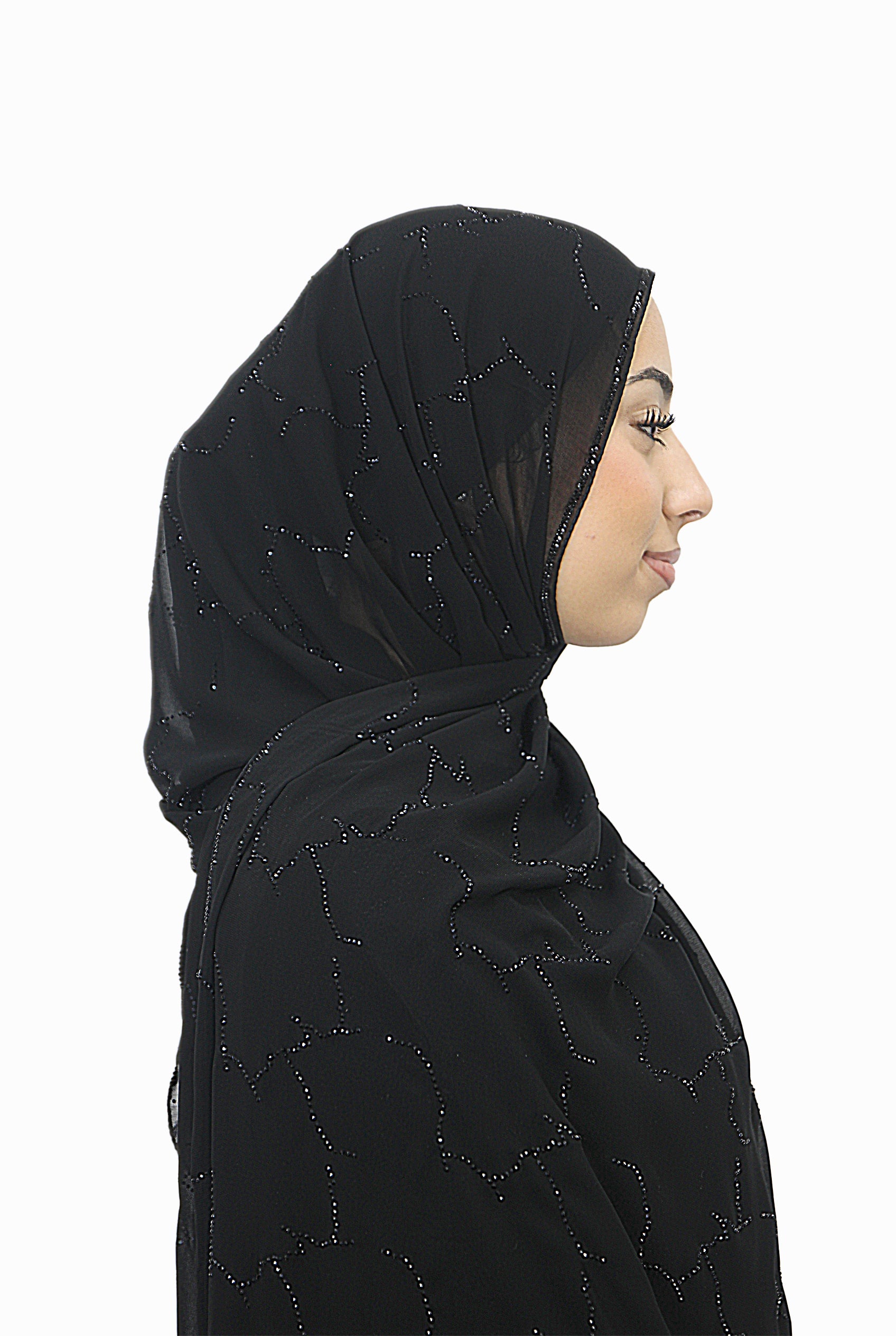 Emirati Chiffon Stone Hijab D1 Black With Black Beads Col 2