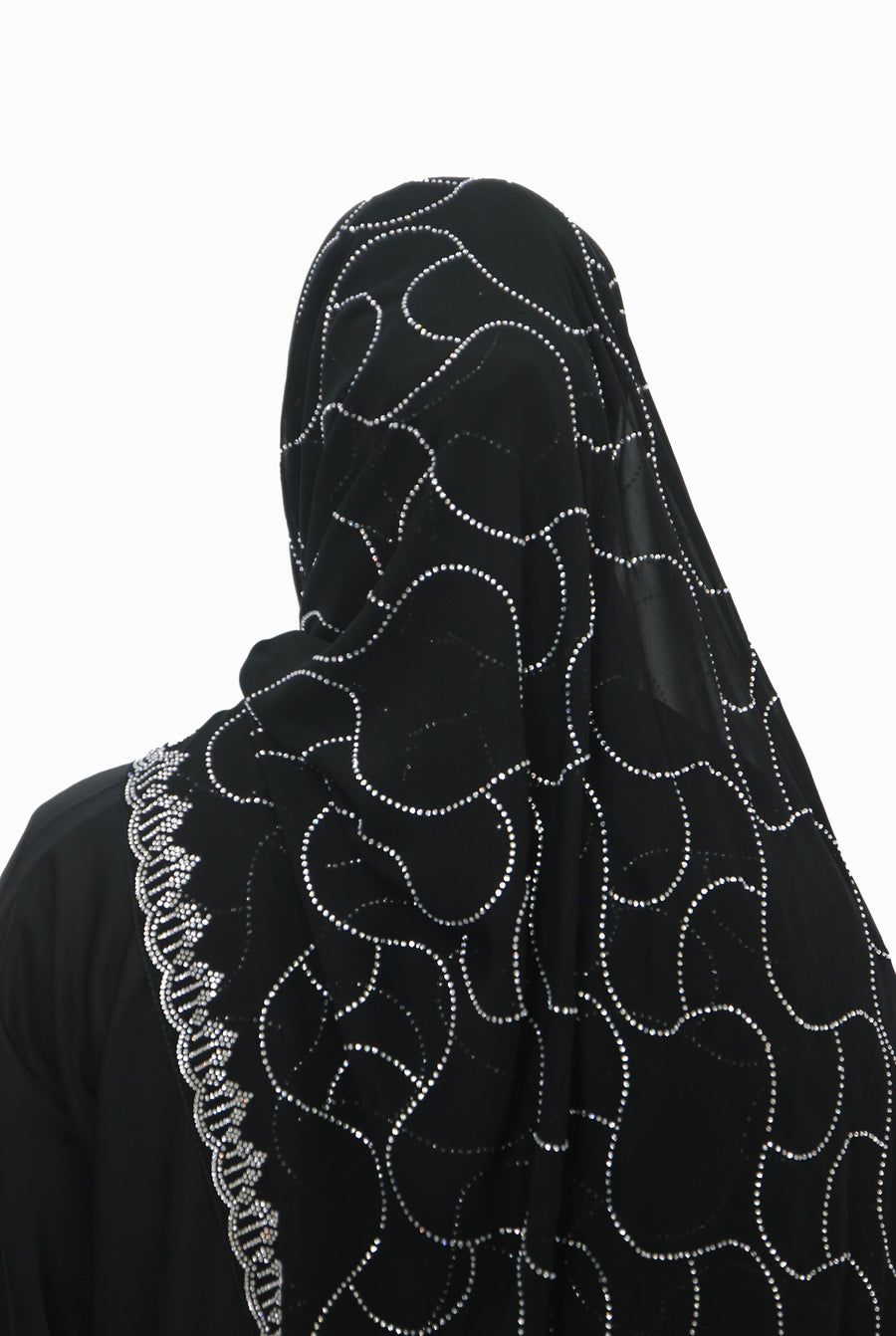 Emirati Chiffon Stone Hijab D2 Black With Silver Beads Col 1