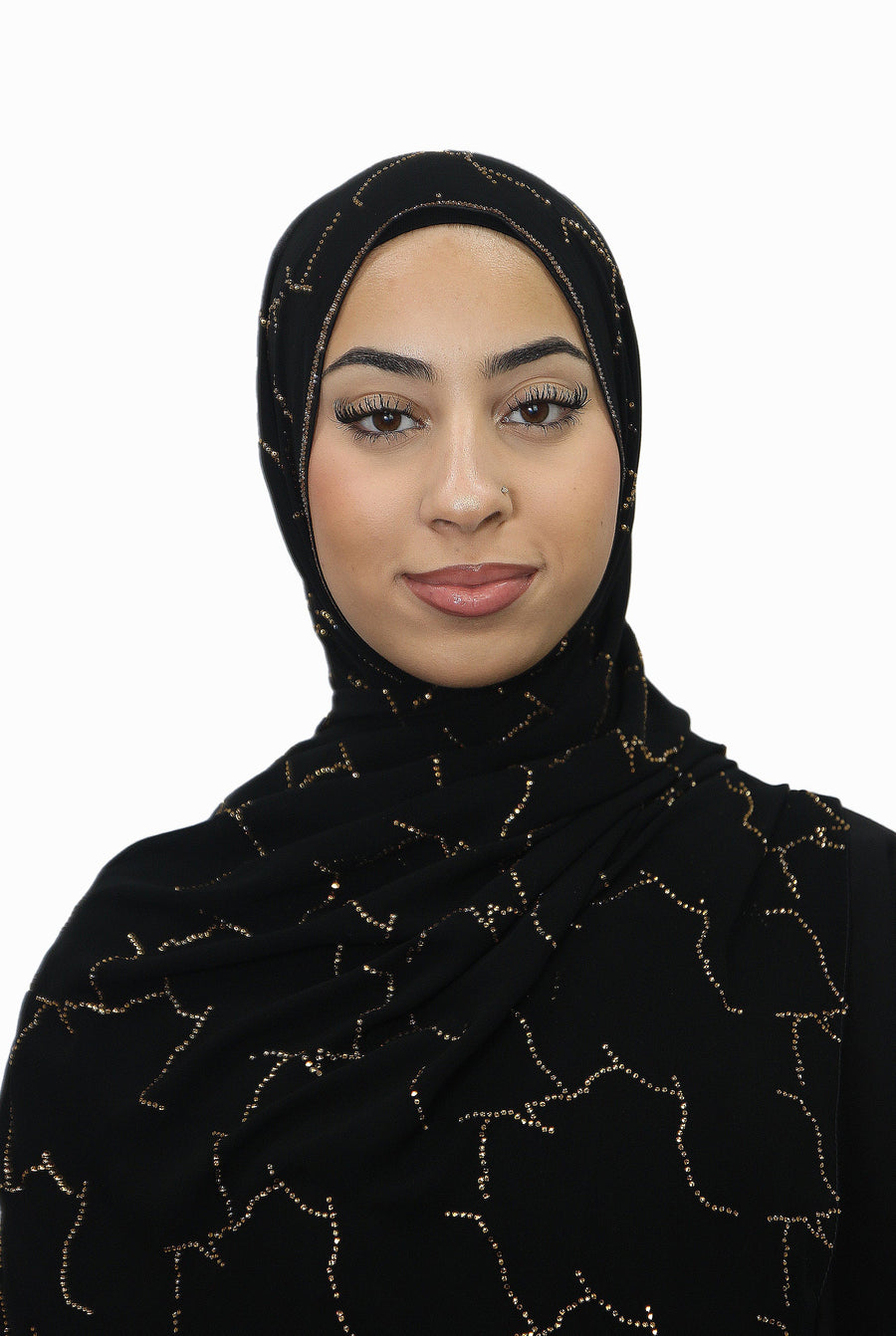 Emirati Chiffon Stone Hijab D1 Black With Gold Beads Col 3