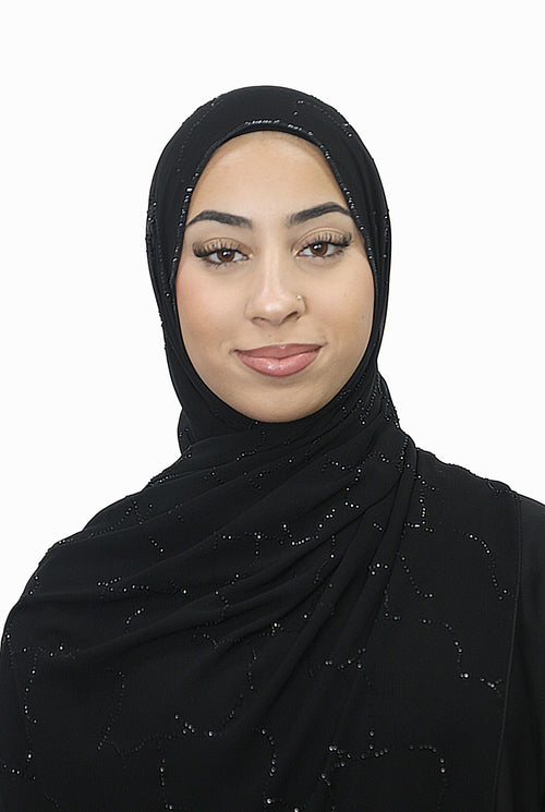 Emirati Chiffon Stone Hijab D1 Black With Black Beads Col 2