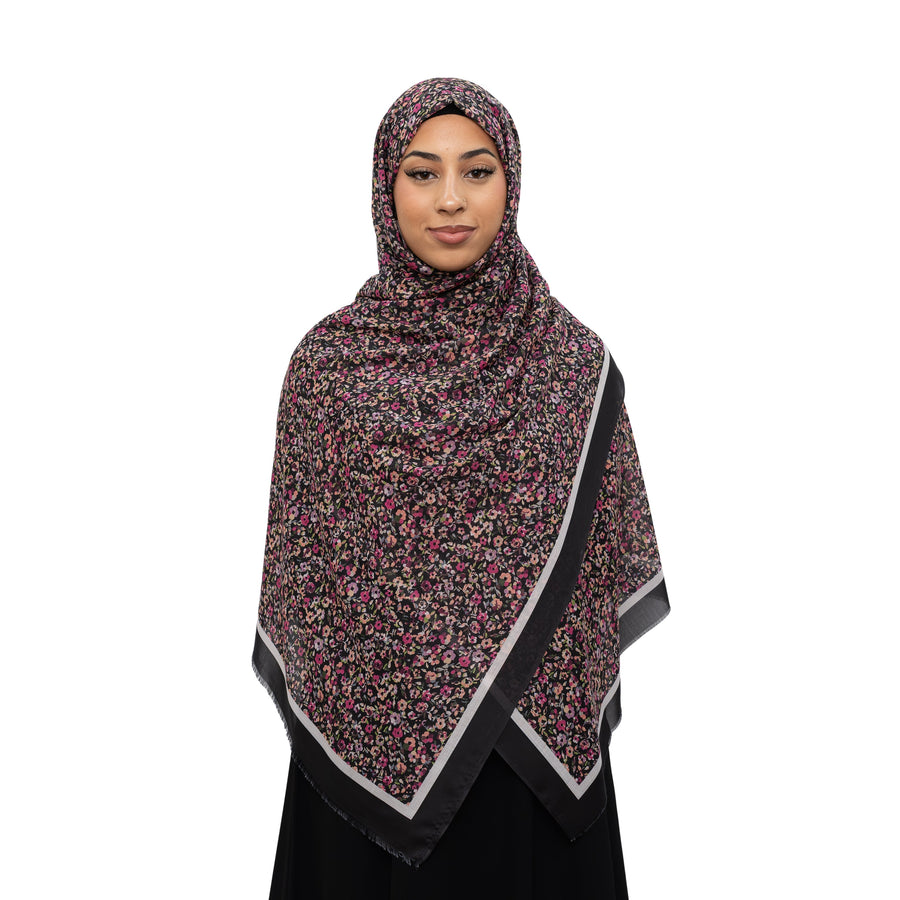 Exclusive Cotton Print Hijab Floral Black White Col 2