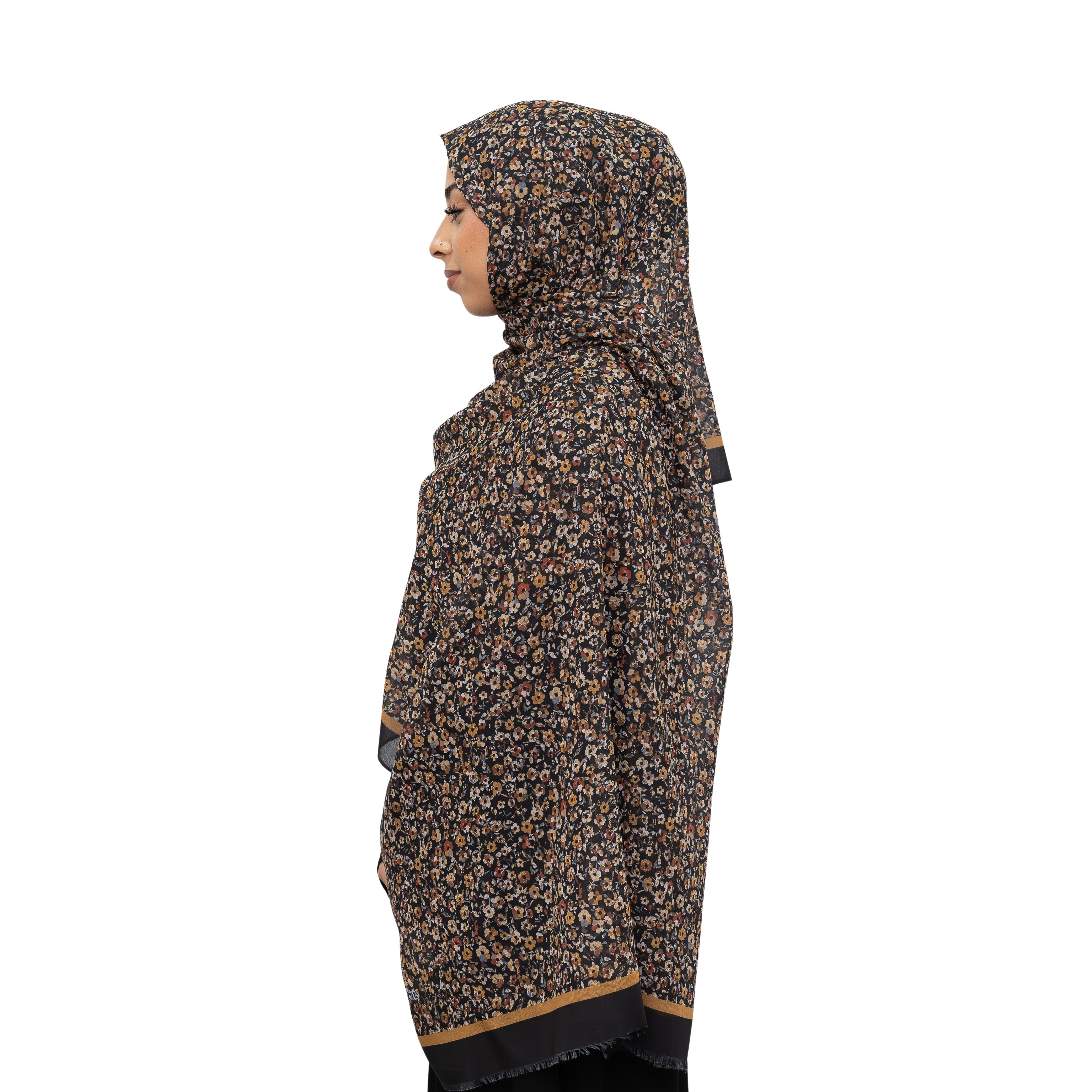 Exclusive Cotton Print Hijab Floral Black Mustard Col 4